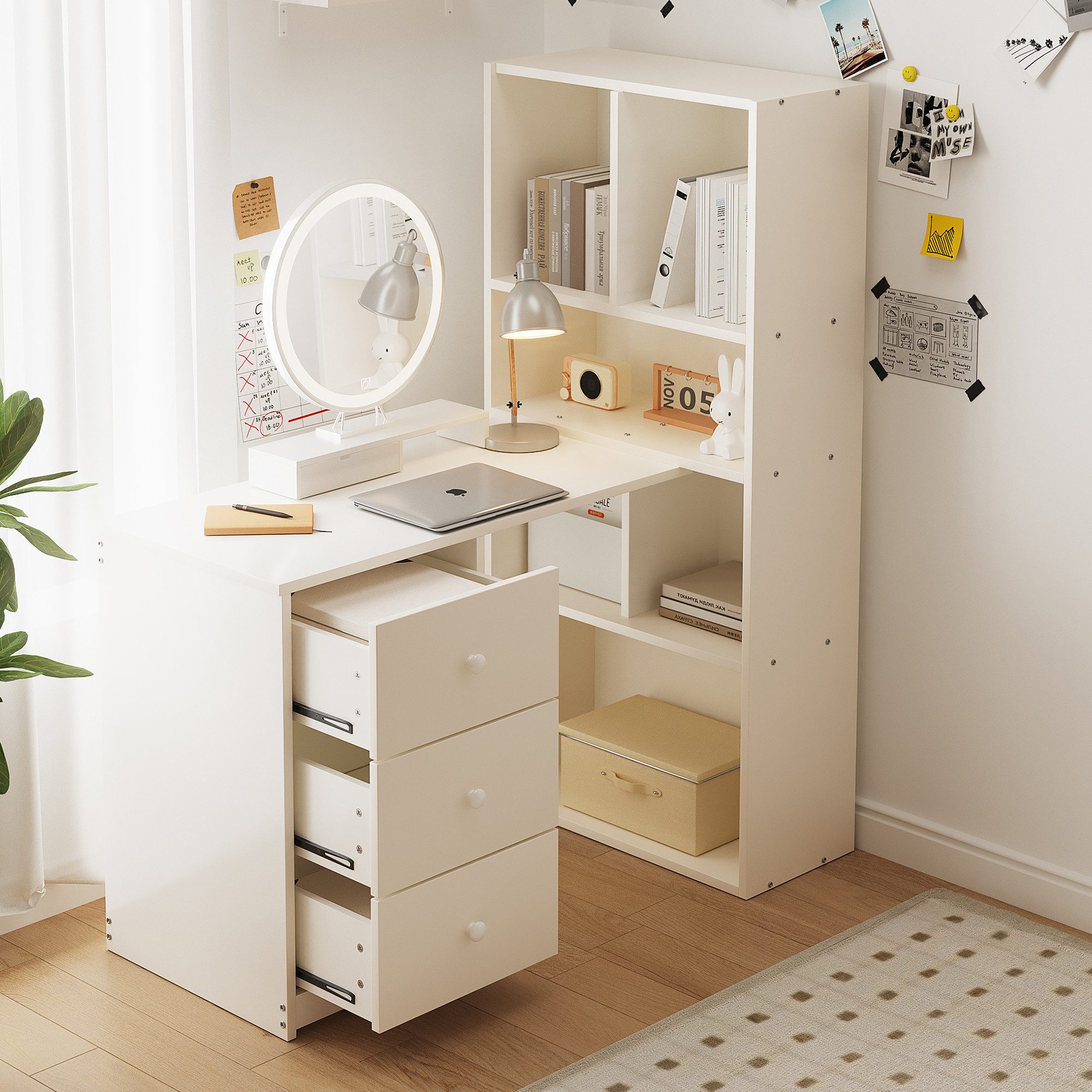 MODFU Schreibtisch mit 4 Ablagefächern, 3 Schubladen und Bücherregal (Computertisch, Bürotisch), Eckschreibtisch 117×63×135 cm