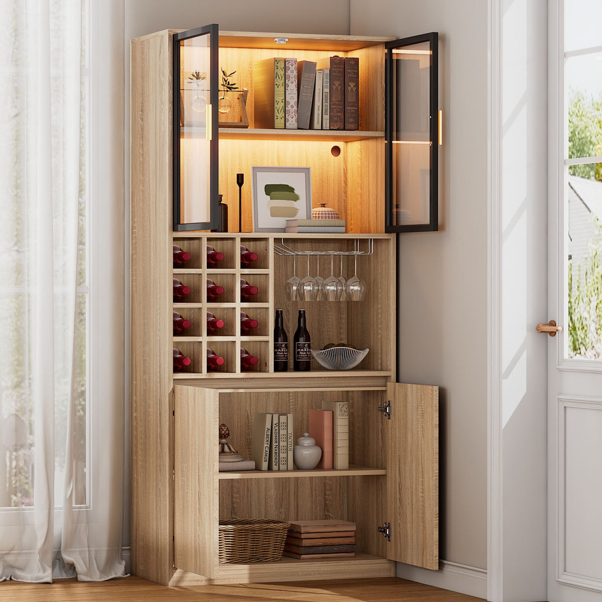 Flieks Küchenbuffet mit LED-Beleuchtung, Glastüren, Weinregal und Gläserhal günstig online kaufen