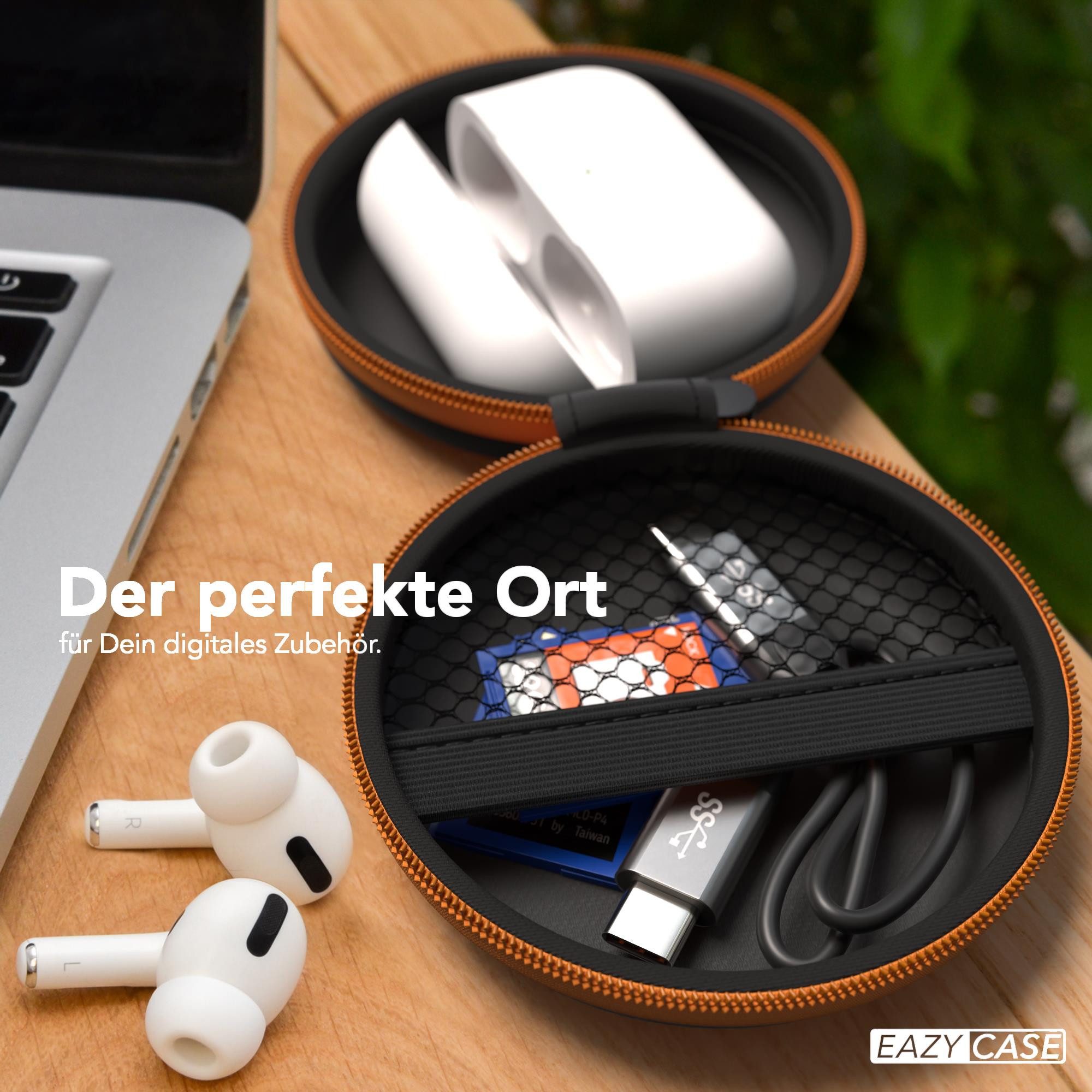EAZY CASE Kopfhörer-Schutzhülle Universal Tasche für In-Ear Kopfhörer mit Netzfach, Cover für Kopfhörer Reißverschluss rundum Schutz Netzfach rund Orange