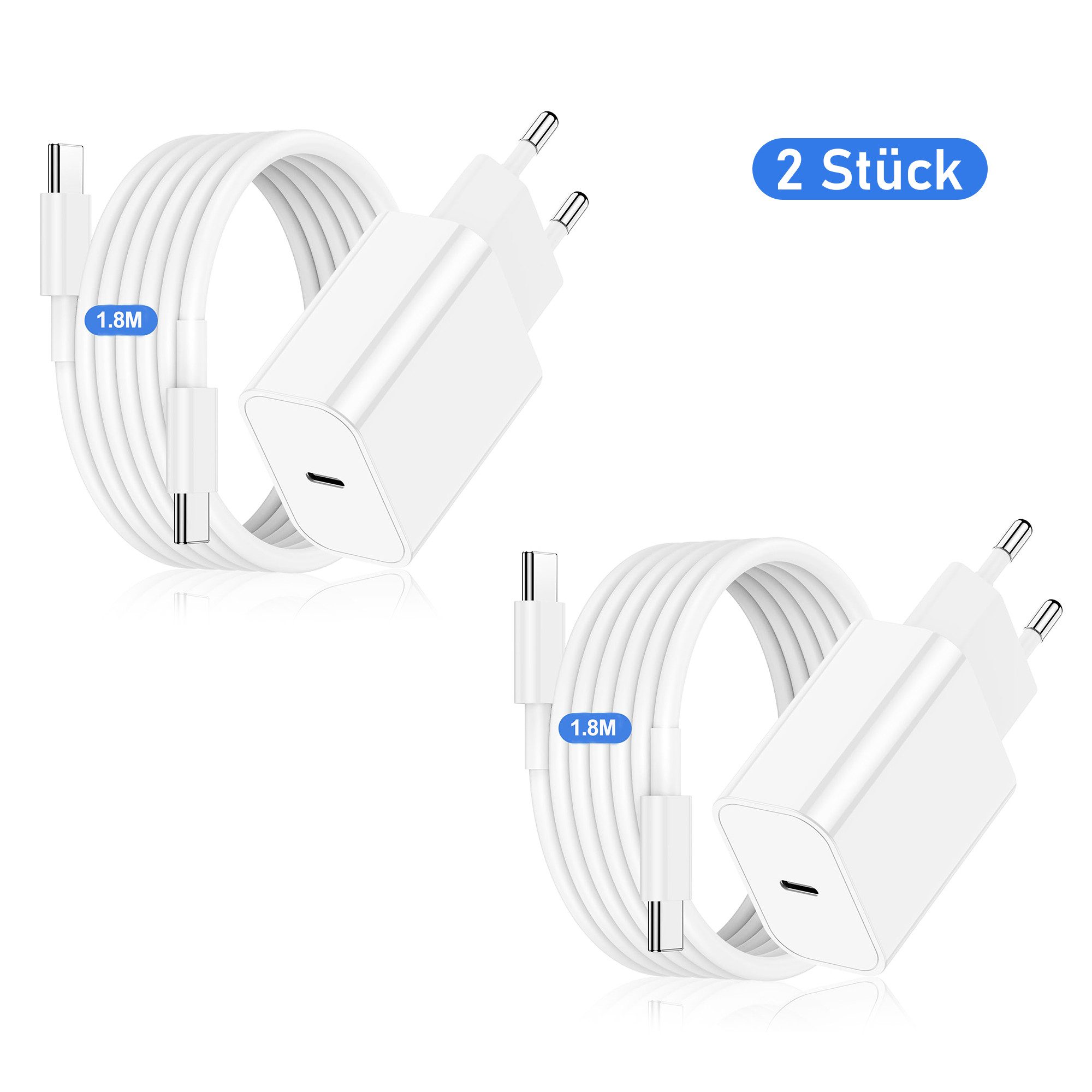 walkbee Ladeset iPhone, 2 Stück, 20W Schnellladegerät und iPhone 15 Ladekabel USB-Ladegerät (2,22 mA, 1.8m 20W USB C Ladestecker Netzteil Stecker, Adapter mit Typ C, Schnellladekabel, für Apple iPhone 15 Plus 15 Pro Max MacBook Pro iPad Air Samsung S23)