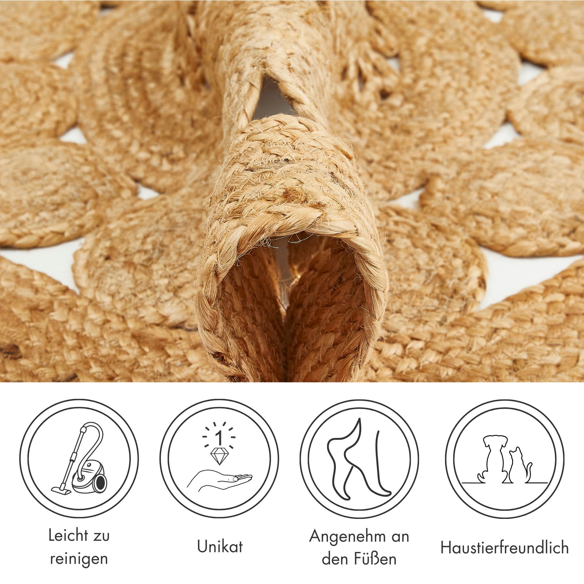 LUXOR living Teppich Balo, rund, Höhe: 6 mm, Juteteppich, reine Naturfaser, handgeflochten, Flecht Design