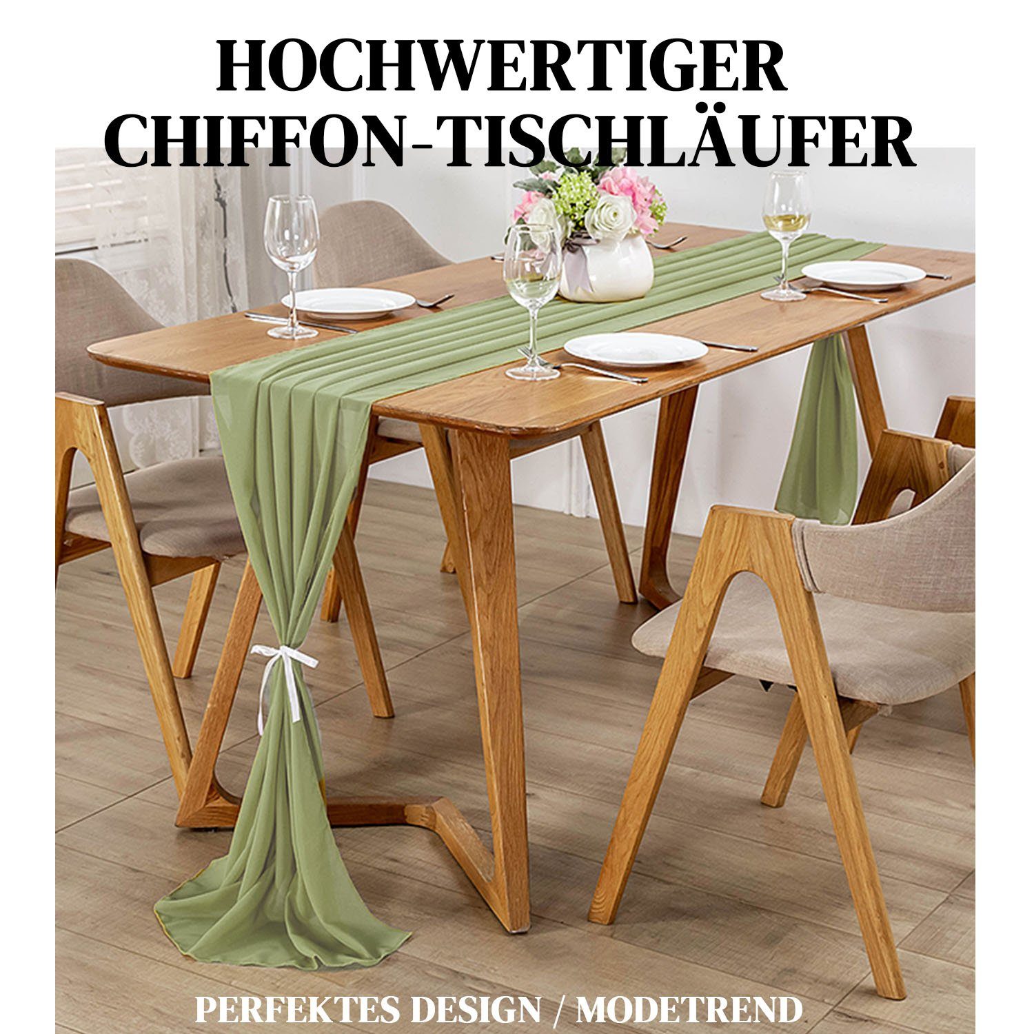 Tischläufer Chiffon Abwaschbar 3m Modern Romantischer MAGICSHE Grün Tischdeko,