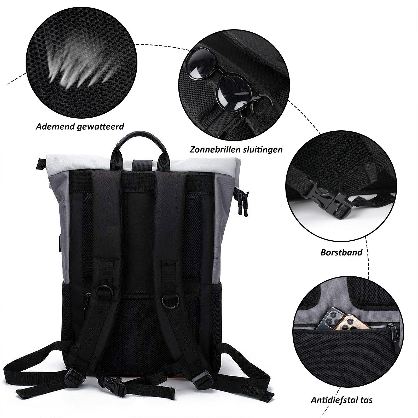 TAN.TOMI Cityrucksack Rucksack Damen Groß Rucksack Herren Groß Schulrucksack (Arbeitsrucksack viele Fächer mit 15,6" Laptopfach/USB-Anschluss), Unisex Rolltop Rucksack Wasserdicht, Lässiger Backpack