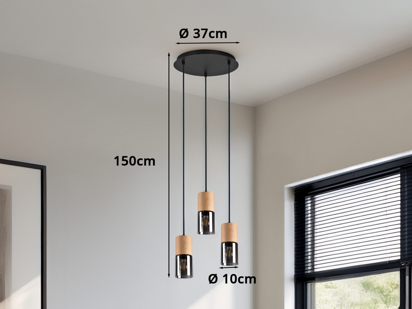 meineWunschleuchte Pendelleuchte mit Holz & Rauchglas Ø 37cm, ohne Leuchtmittel, moderne Cluster Esszimmerlampe mehrflammig, E27 Esstischlampe hängend – Bild 4 von 5