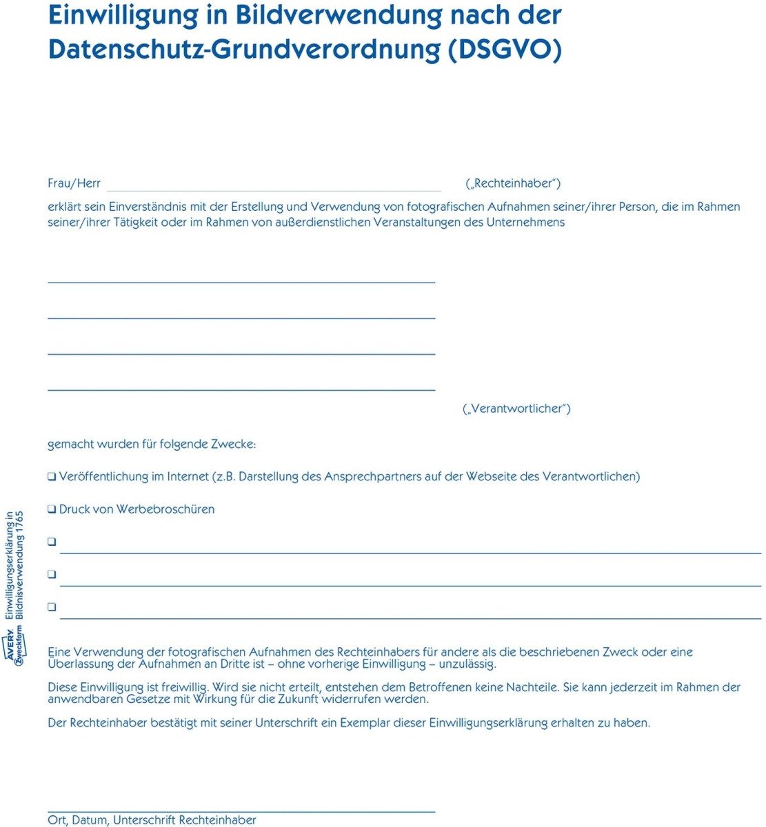 Avery Zweckform Formularblock Einwilligung Bildverwendung A4 SD 2x40 Blatt