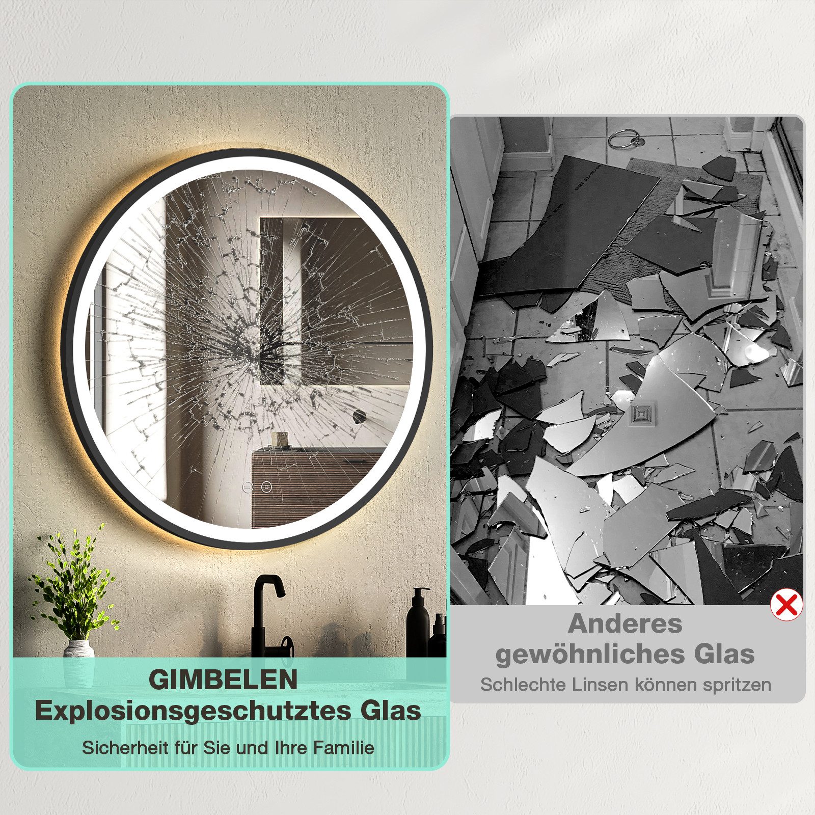 GIMBELEN Badspiegel LED Runder mit Beleuchtung, dimmbar, 3 Lichtfarben (1-St), Wandspiegel, LED Badspiegel, IP44 HD Sicherheitsglas, 60cm – Bild 4 von 5