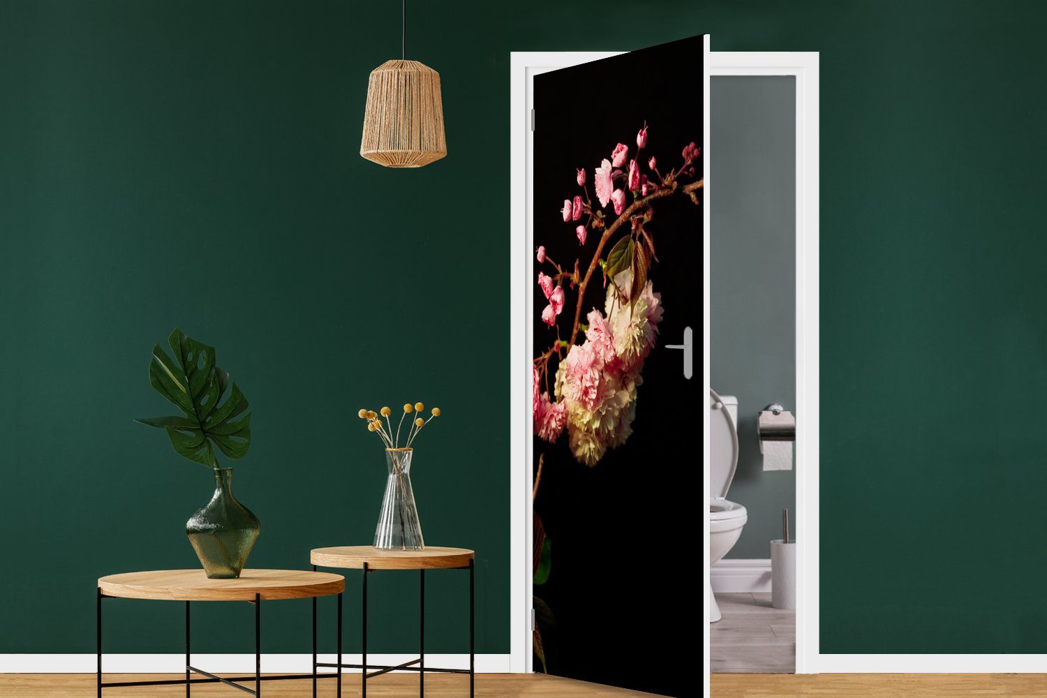 MuchoWow Türtapete Eine 75x205 Matt, St), bedruckt, Türaufkleber, Kirschblüte Tür, Hintergrund, (1 cm vor für Fototapete schwarzem