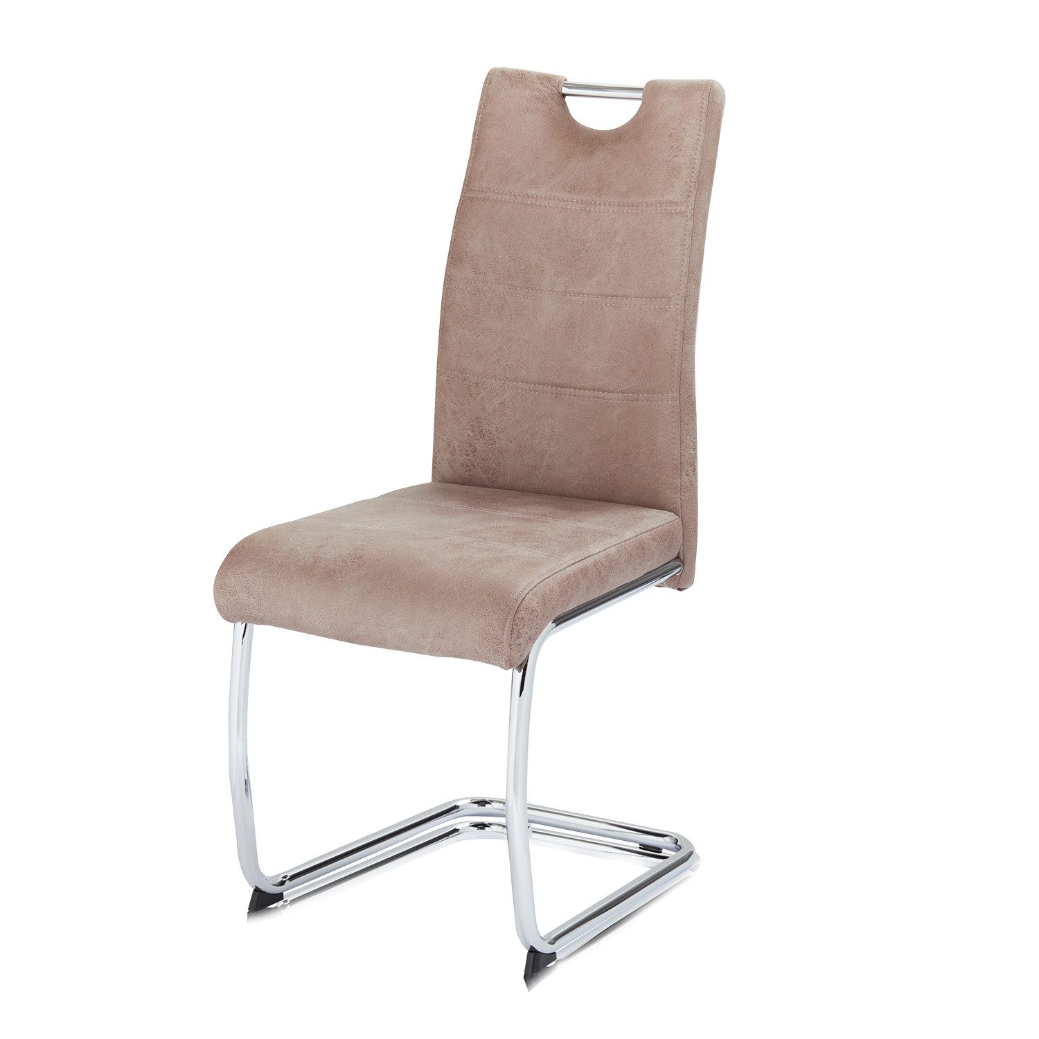 KHG Freischwinger Esszimmerstuhl Mikrofaser Beige, bis 120 kg belastbar, Vintage Stil, gepolstert, Used Look, Metallgestell verchromt mit Griff
