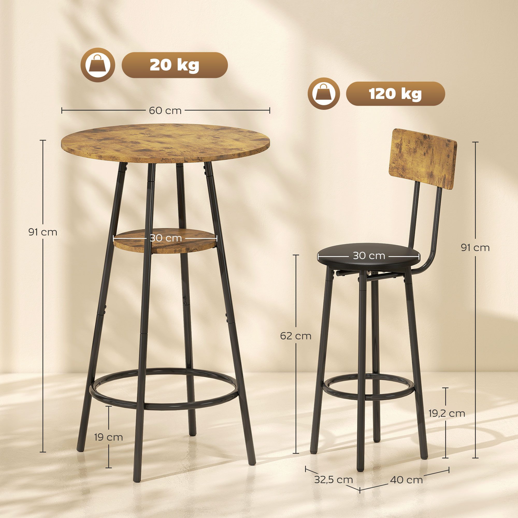 HOMCOM Bargruppe Industrial Bartisch Set Küchetisch mit Ablage, Kleine Raum, (Bartisch mit Barhocker Set, 3-tlg., Esstisch mit 2 Stühlen), Platzsparendes Design, Rustikal-Braun