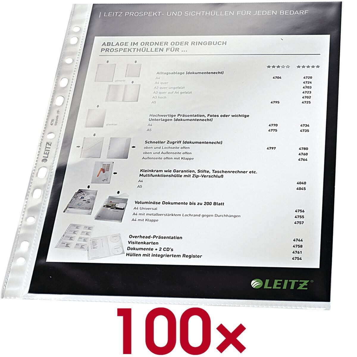 LEITZ Prospekthülle 4770, 100 Stück, glasklar, Format A4, Multilochung, oben offen