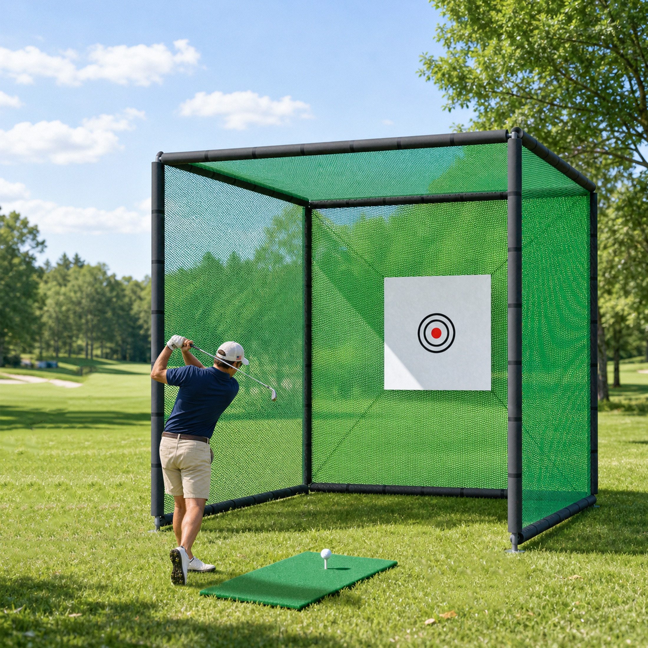 Blossom Golfnetz Golf-Abschlagmatte, Halter Golf Übungsnetz, Übungskäfig 300x300x300 cm (mit Zielscheibe, Trainingsmatte & Gummitee, stabiles Stahlgestell), Golf Übungsnetz Golf Schlagnetz für Garten, Garage und Indoor Training