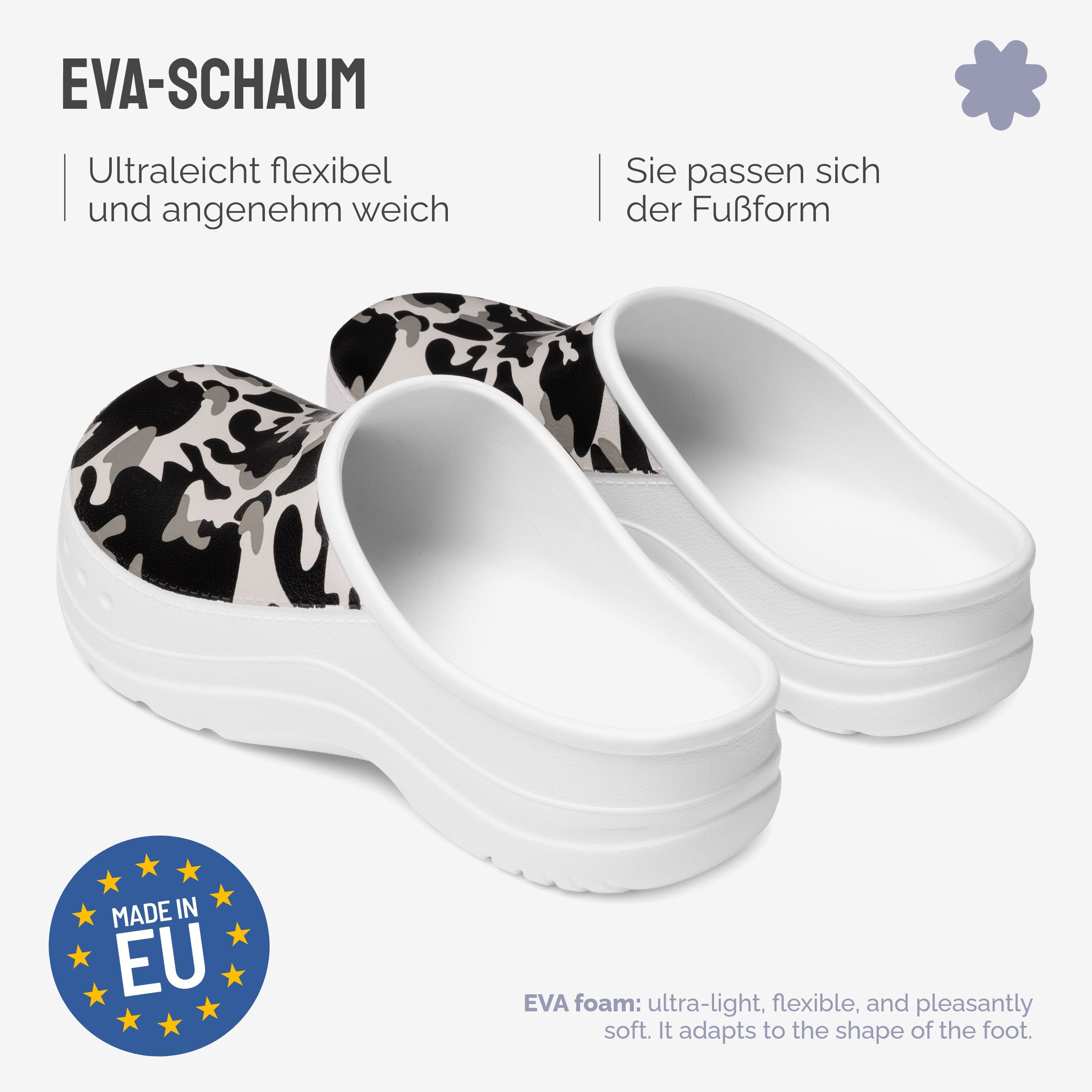 Ladeheid Gartenclogs für Damen Ultraleicht EVA Gemustert Gartenschuhe LA-CA-27 Clog (40 EU, Weiß/Tarnmuster) Wasserdicht & Flexibel