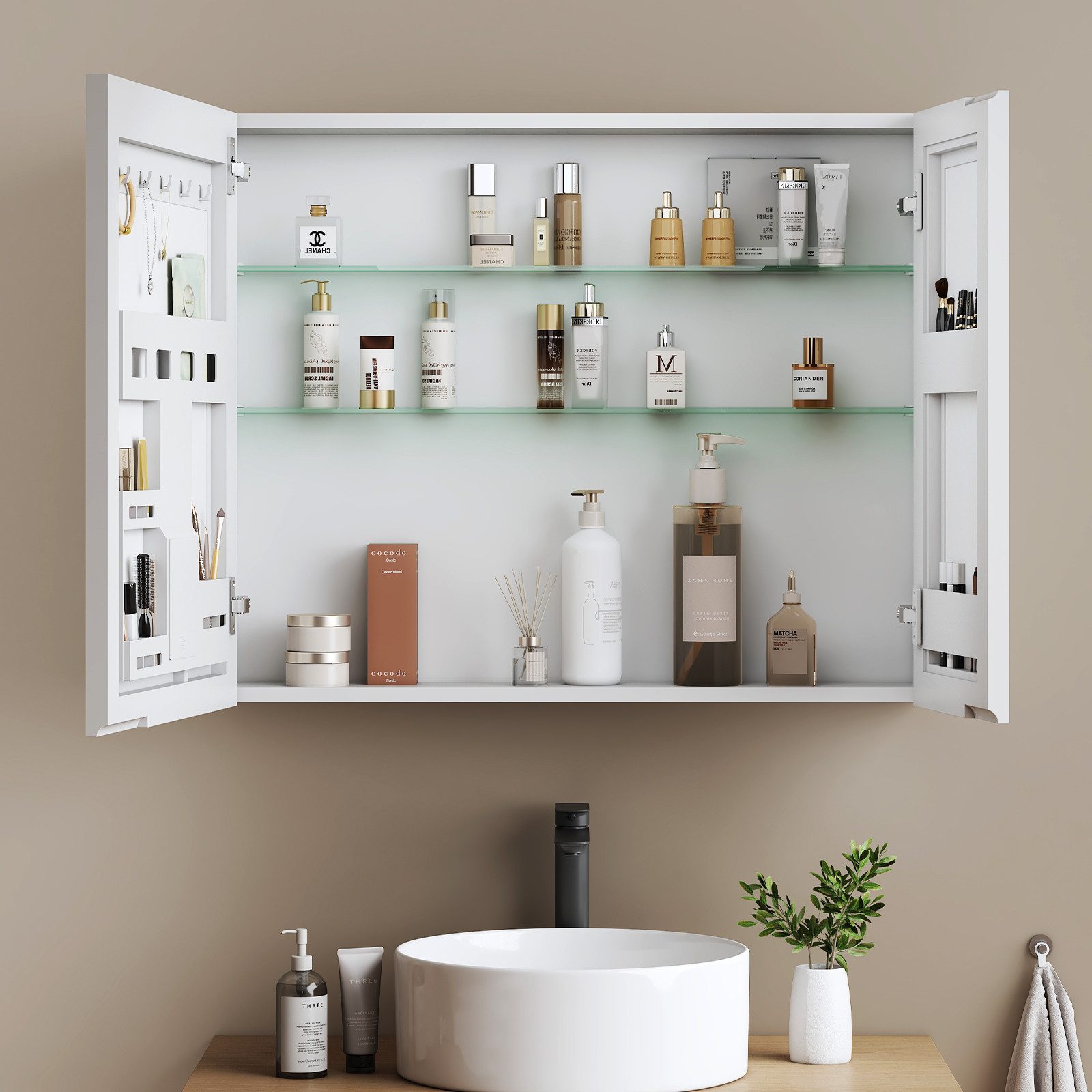 EMKE Spiegelschrank bad 75×65 /85×65cm 2-türig Badspiegelschrank Verstellbare Glasregale mit Stauraum und verstellbaren Regalen Badezimmerspiegelschrank