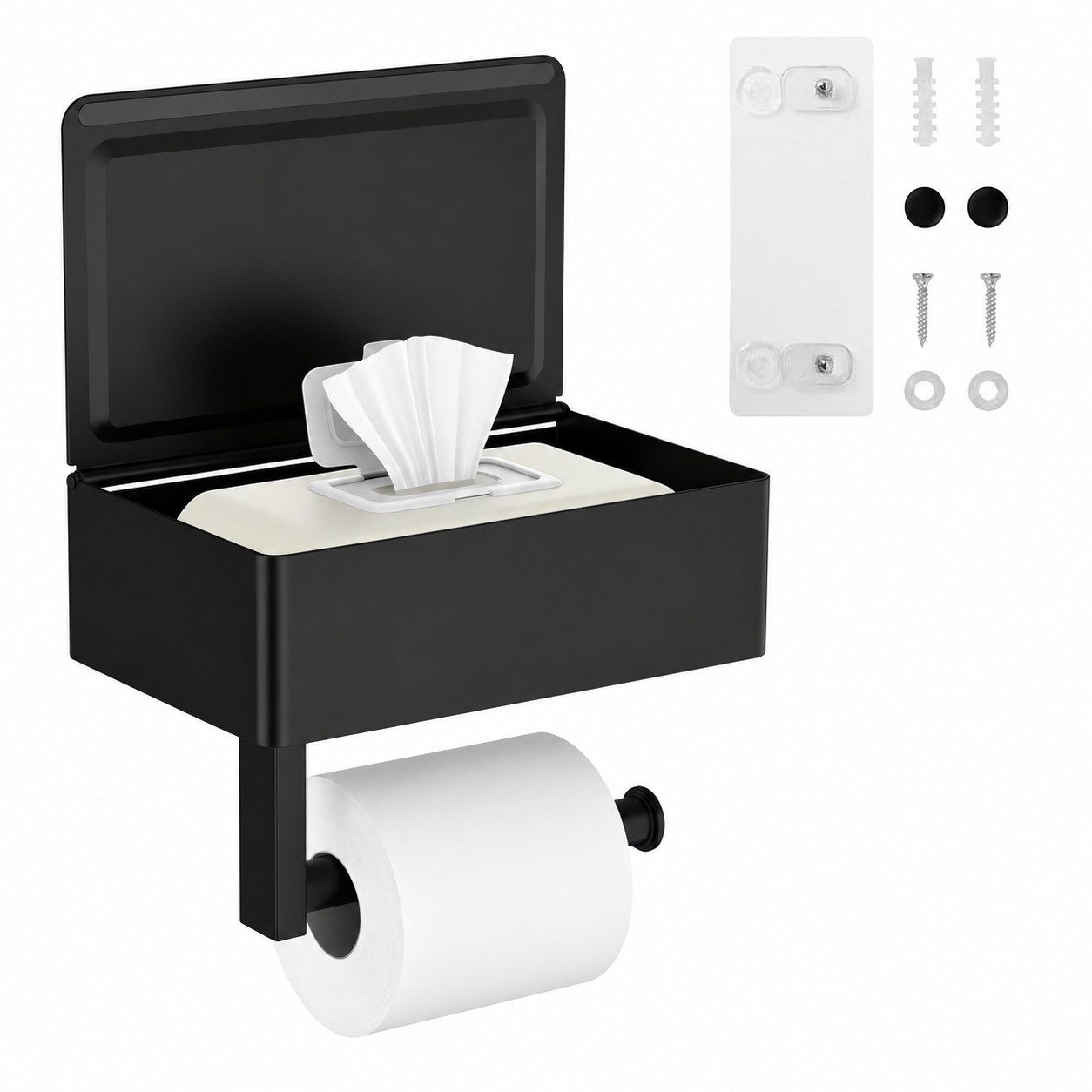 Toomoke Toilettenpapierhalter Klopapierhalter mit Feuchttücherbox,selbstklebend oder Bohrenfür Bad (Toilettenpapierhalter mit Ablage, Wandhalterung aus SUS 304 Edelstahl), zur Aufbewahrung von Toilettenpapier und spülbaren Feuchttüchern