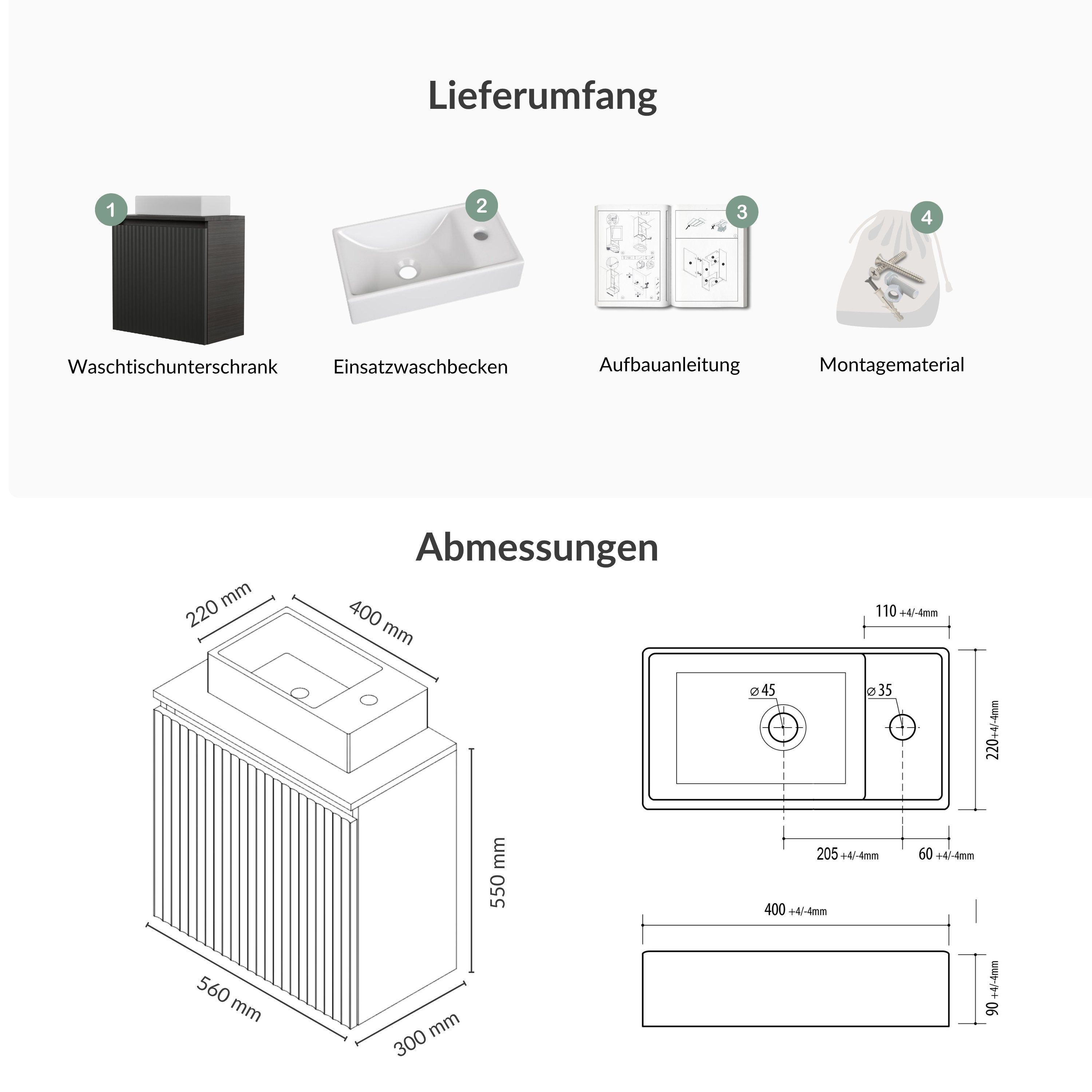 Planetmöbel Waschtisch Waschtisch 56 cm (Badmöbel-Set für Gäste WC & Bad, moderner Waschtischunterschrank mit Waschbecken), Soft-Close und wählbare Waschtischplatte