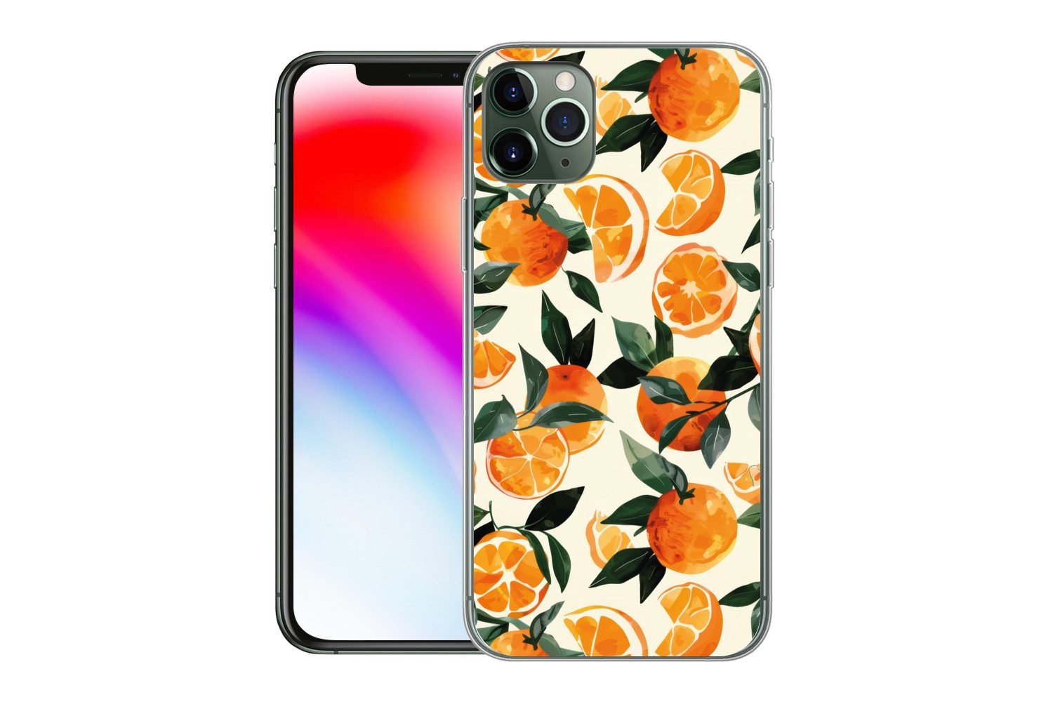 MuchoWow Handyhülle für Apple iPhone 11 Pro Max Orangen - Früchte - Blätter - Orange - Grü, Smartphone-Bumper, Print, Handy Schutzhülle Dünn