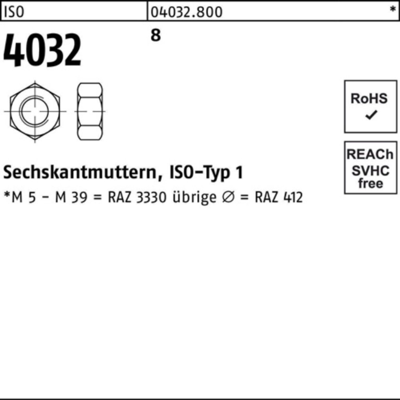 8 1 Pack Stück M48 Sechskantmutter Bufab ISO ISO 4032 4032 Sechskan 100er 8 Muttern