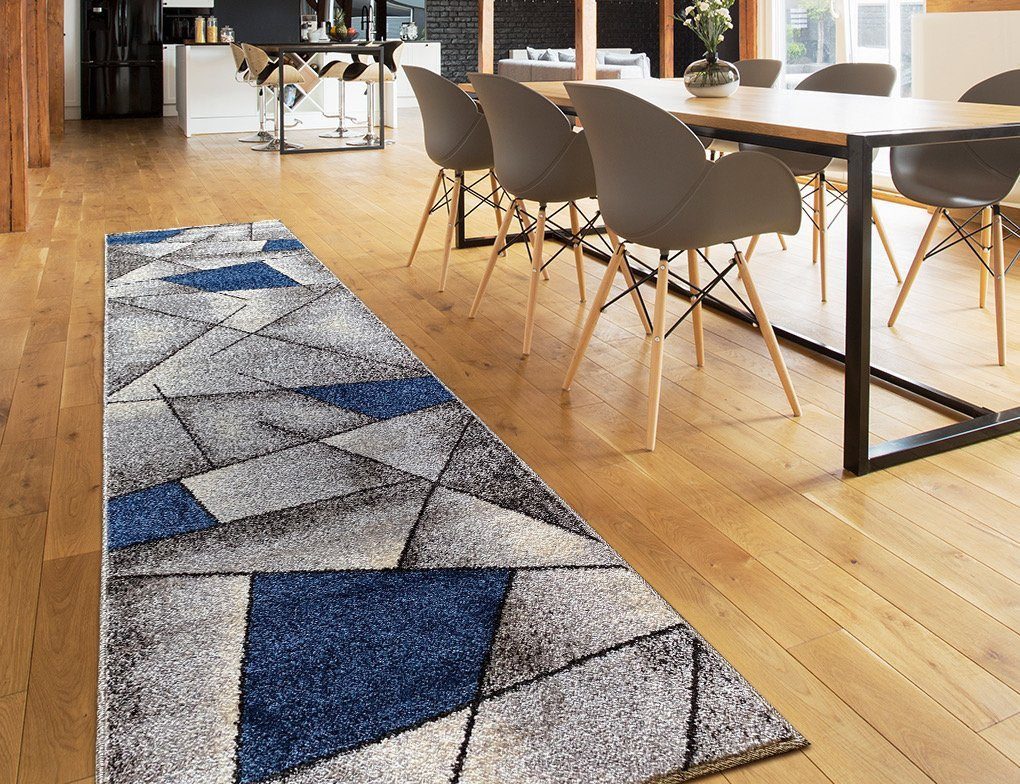 oKu-Tex Bettumrandung 3 teilig, Läufer (67 x 340 cm) + Brücken (2 x 67 x 140 cm), Kurzflor, (Set 3 teilig, 3-tlg), Teppich Schlafzimmer Bettvorleger Set schmal gewebt blau meliert
