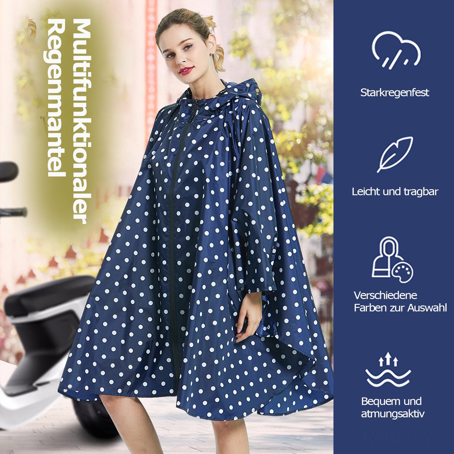 Refttenw Regenjacke Regen Poncho Jacke Mantel,Regencape mit Kapuze,Seitentaschen