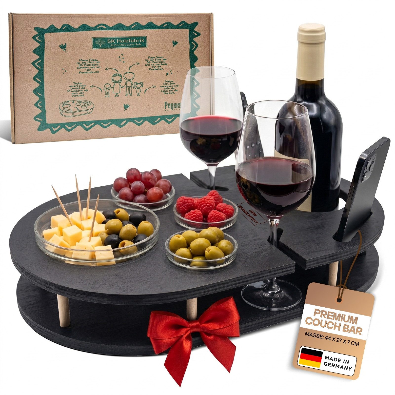 PEGSEN Servier-Set Weinbar Couchbar mit 4 Glasschalen, Birkenholz, Weingläser & Snacks stehen stabil und sicher