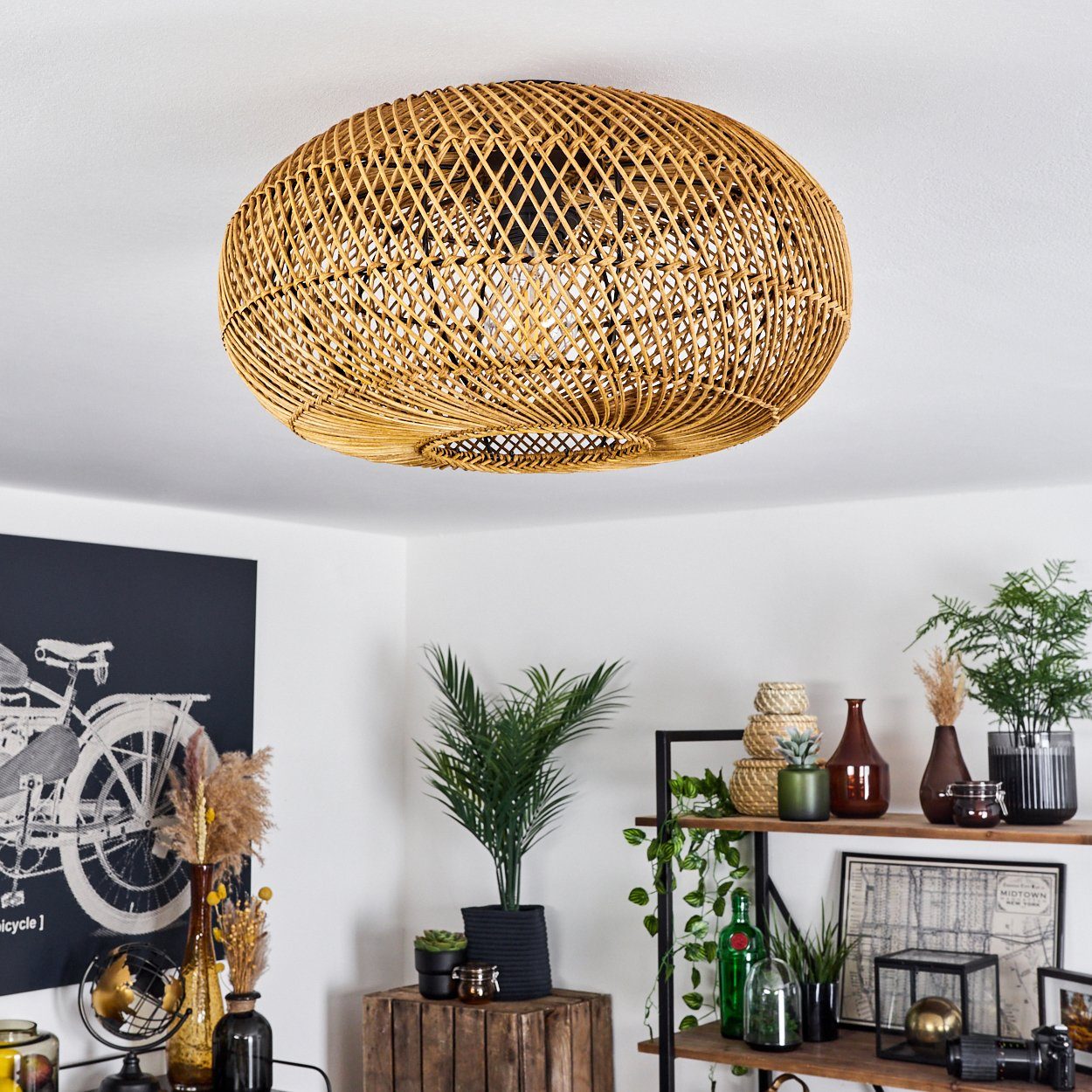 aus Design Schwarz/Natur, mit »Messerotti« Deckenlampe hofstein Deckenleuchte moderne modernen im in Leuchtmittel, ohne 1xE27 Metall/Rattan ø40cm, Leuchte Lichteffekt,