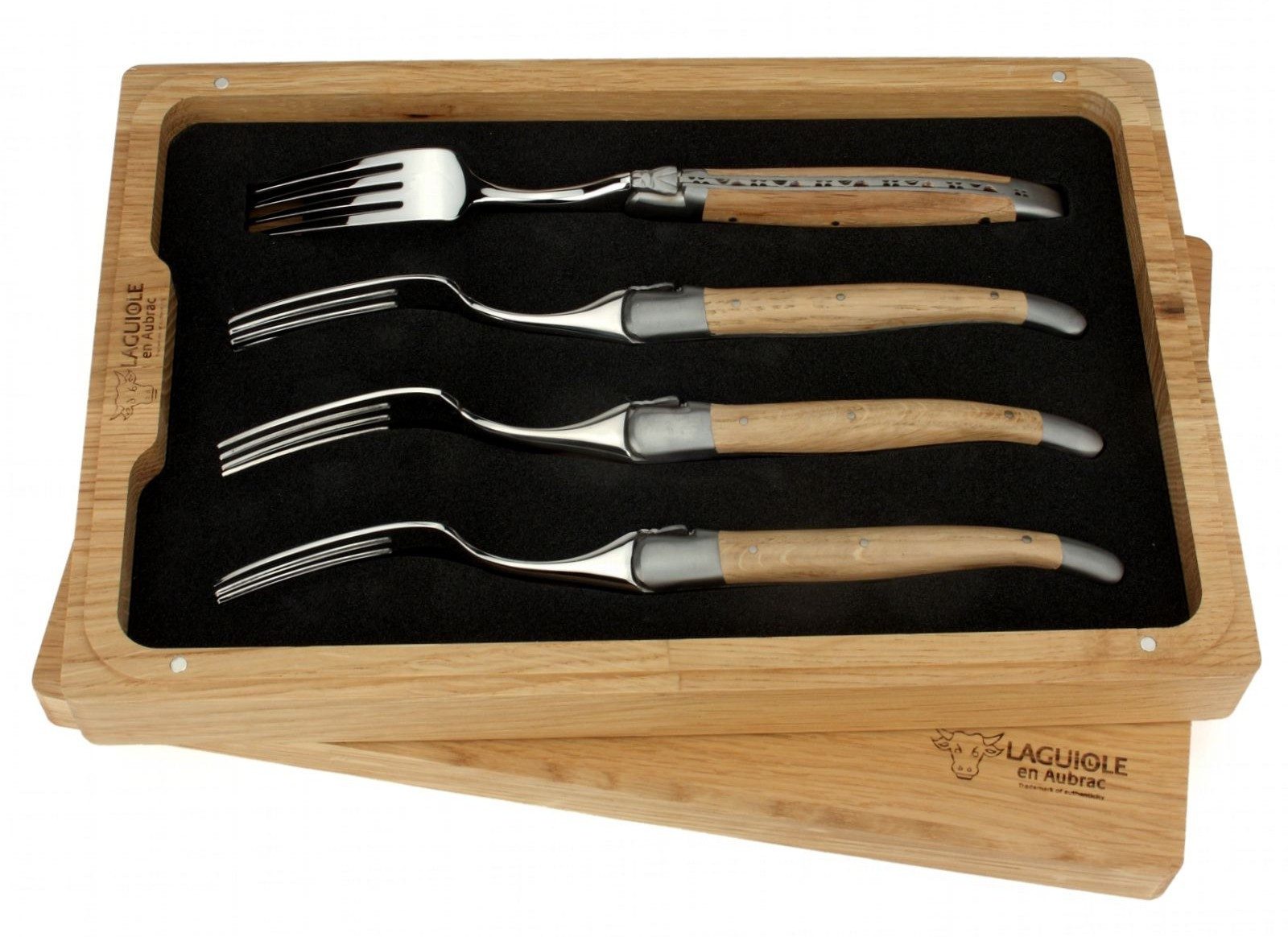 Laguiole en Aubrac Steakbesteck 42F99CHIF, 4 Gabeln - Griff Eiche - Backen matt - Gabelteil Stahl glänzend