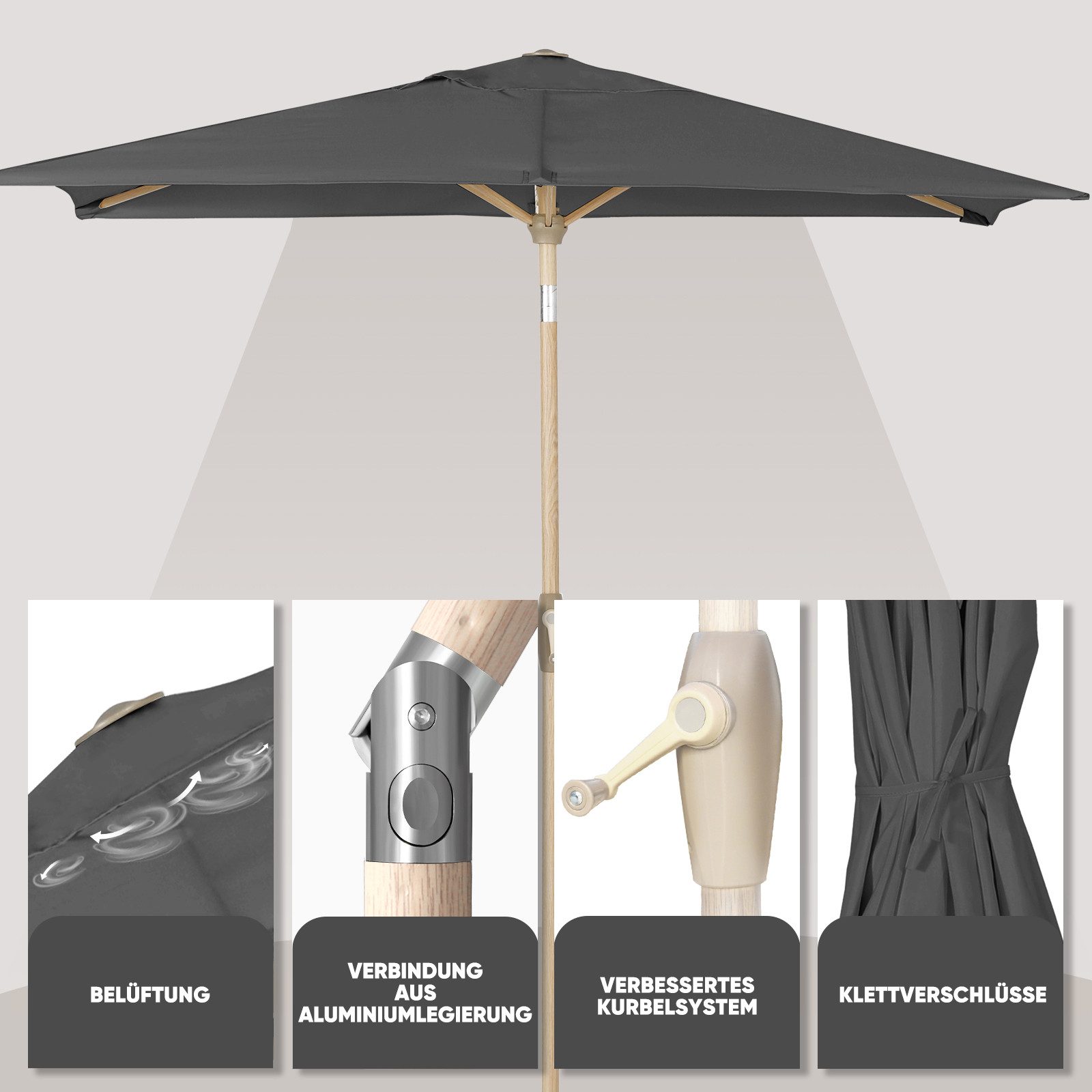 Sekey Rechteckschirm 210x140cm Alu Sonnenschirm Balkon Rechteckig mit Kurbel, Balkonschirm, LxB: 210,00x140,00 cm, Sonnenschutz UPF50+, Abknickbar, mit Holzmaserung-Gartenschirmstange