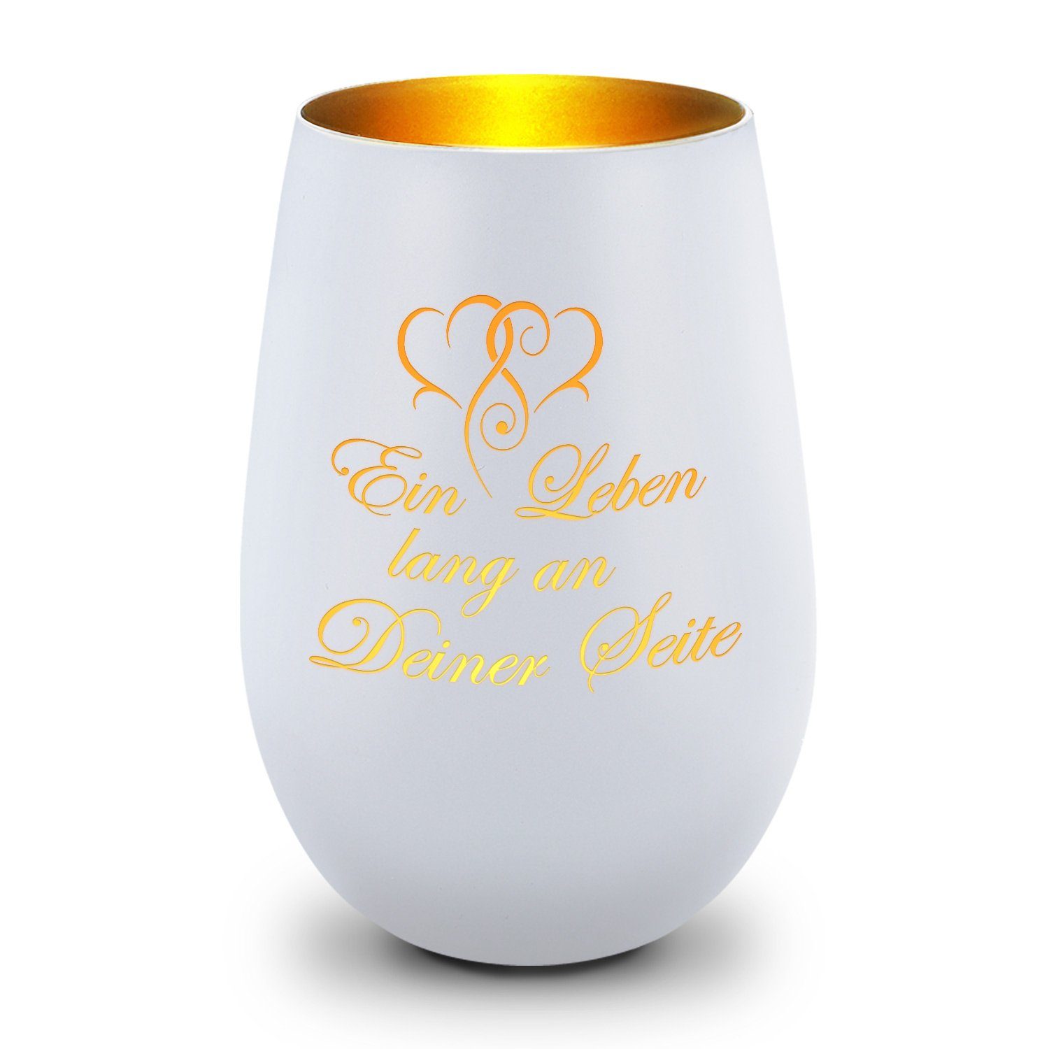 GRAVURZEILE Windlicht aus Glas mit Gravur - Ein Leben lang an deiner Seite - Dekoration (Weiß/Gold), Geschenke für Frauen und Männer zum Geburtstag und weitere Anlässe