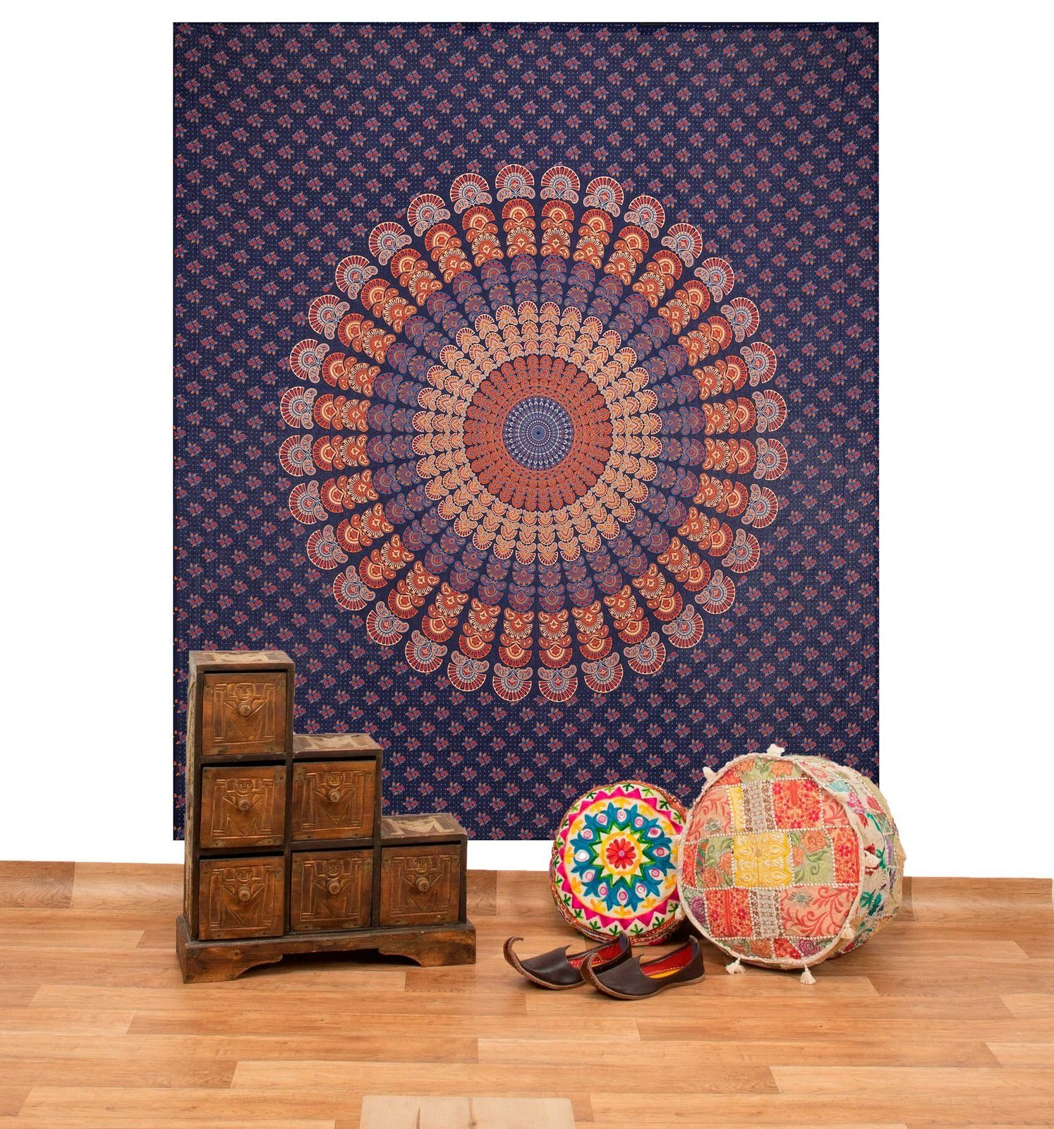 KUNST UND MAGIE Wandteppich Tagesdecke Wandbehang Mandala Deko Tuch Peacock Pfau XL ca 200x230cm