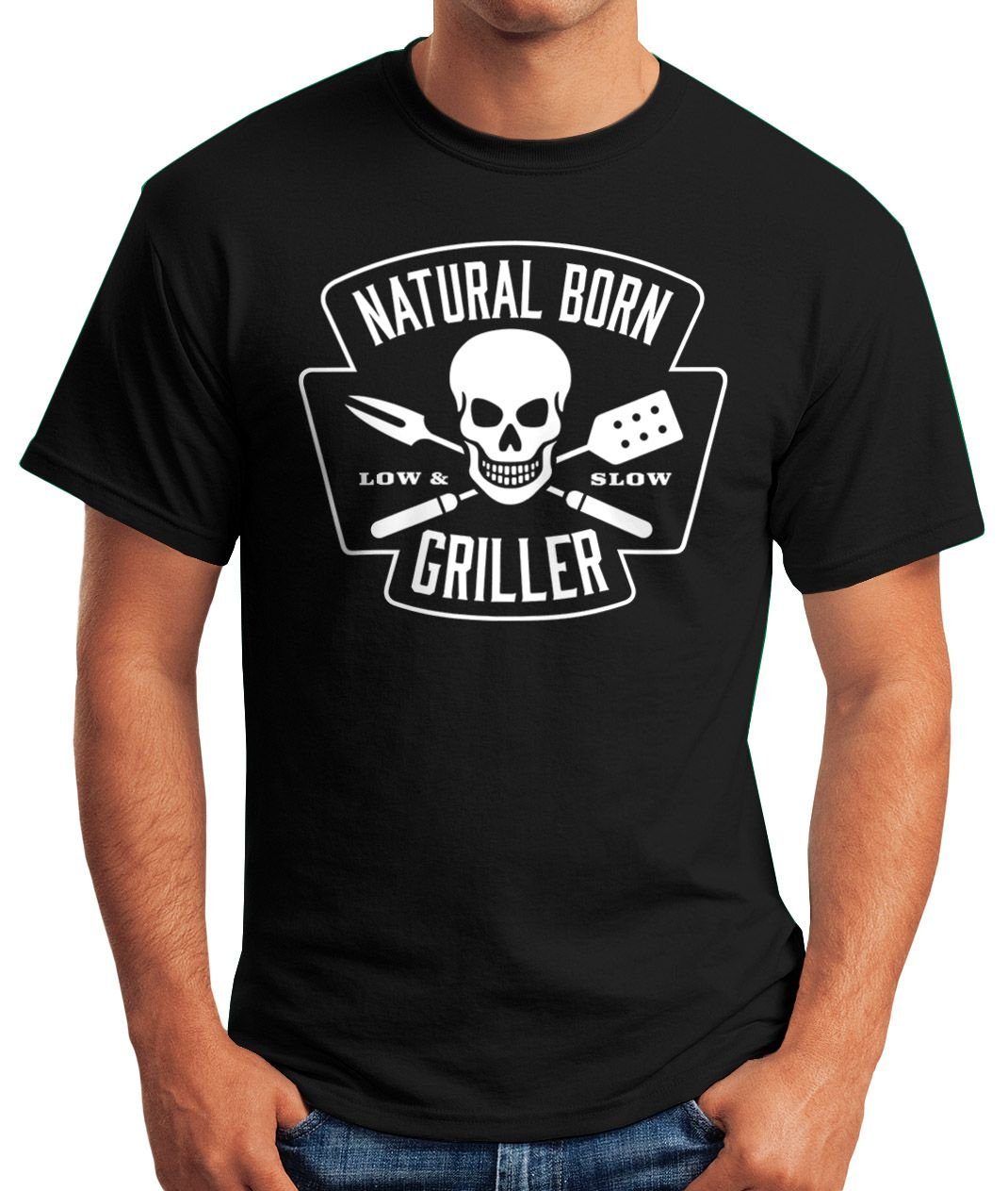 MoonWorks Print-Shirt Print mit Grillen T-Shirt BBQ Food Moonworks® Tee Natural Barbecue Born Sommer Herren Griller schwarz Fun-Shirt