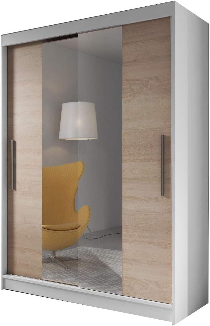 MOEBLO Kleiderschrank LARA 01 (mit Spiegel Schwebetürenschrank 2-türig Schrank mit vielen Einlegeböden und Kleiderstange, Gaderobe Schiebtüren Schlafzimmer-Wohnzimmerschrank Modern Design) (BxHxT): 150x200x61 cm Weiß + Sonoma