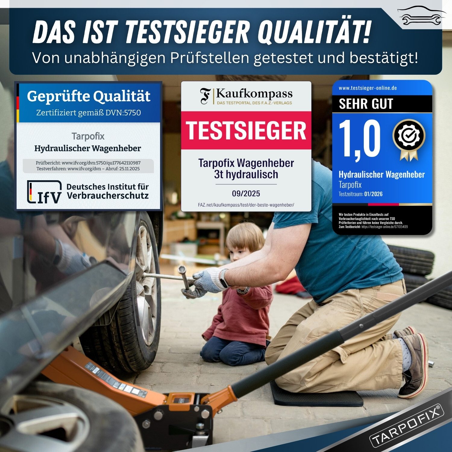 Tarpofix® Wagenheber Tarpofix® Hydraulischer Wagenheber 3t mit Doppelzylinder, max. Hubhöhe: 47.5 cm, Robuster Hydraulikheber mit 85 - 475 mm Hubhöhe