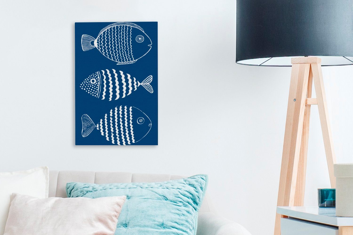 OneMillionCanvasses® Leinwandbild Fisch Leinwandbild fertig inkl. Blau 20x30 bespannt cm Gemälde, Zackenaufhänger, - St), (1 Illustration, 