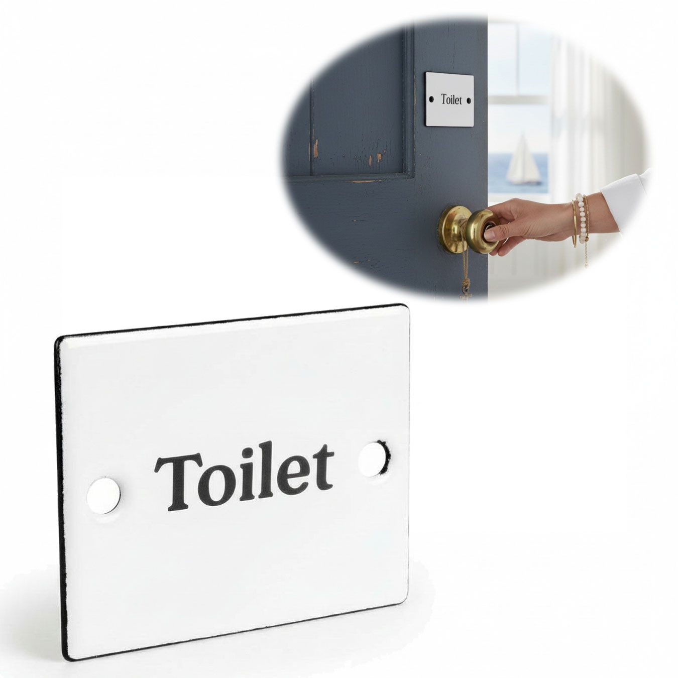 LS-LebenStil Hinweisschild Vintage Emaille Türschild Toilet 6x5cm Toilettenschild Deko Nostalgie, (Oval Weiß Schwarz Hinweisschild für Tür Türrahmen Bad Badezimmer, Gäste WC Dekoschild Nostalgieschild Deko Schild Blechschild)
