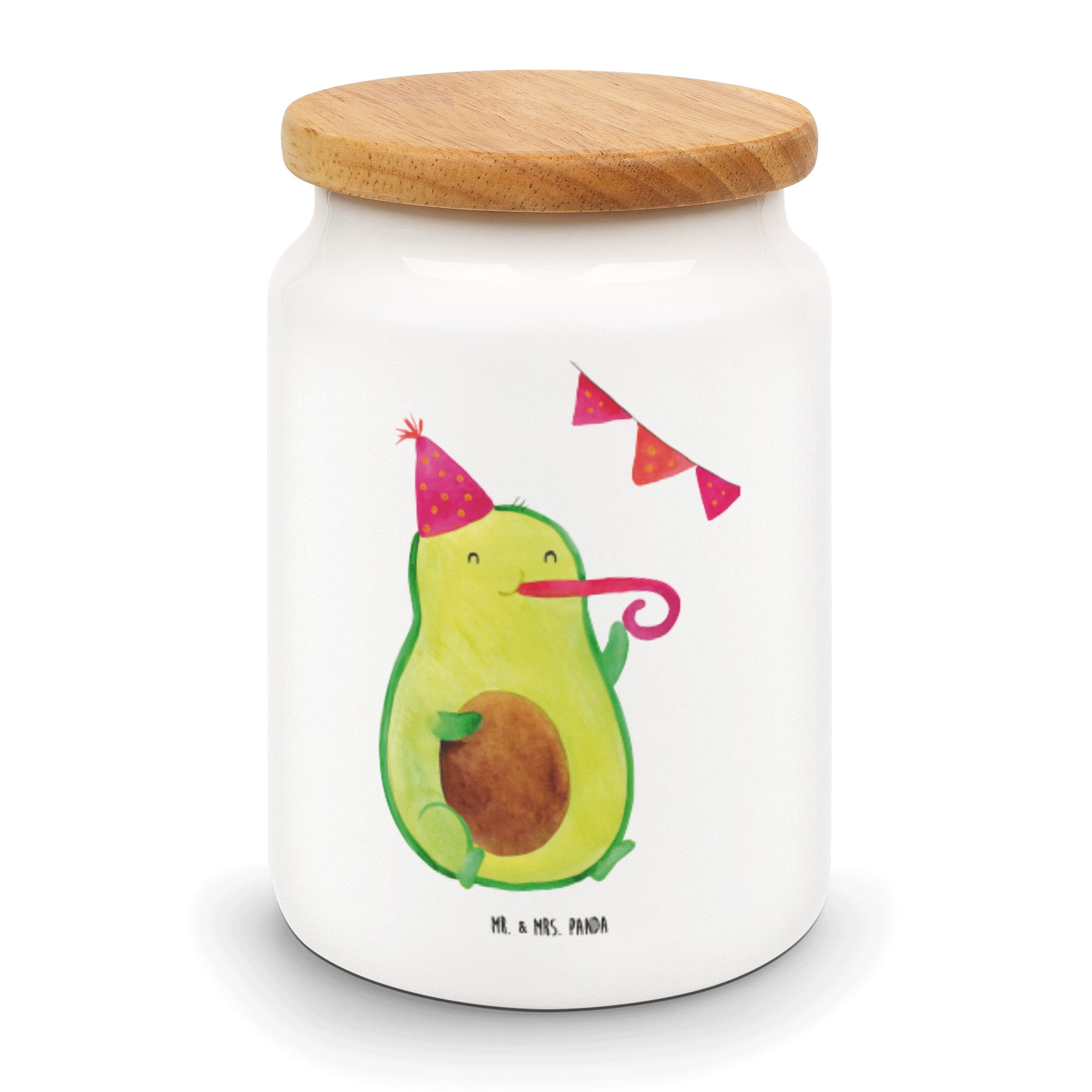 Mr. & Mrs. Panda Vorratsdose Avocado Party Time - Weiß - Geschenk, Glücklich, Happy Birthday, Aufb, Keramik, (1-tlg) | Vorratsdosen