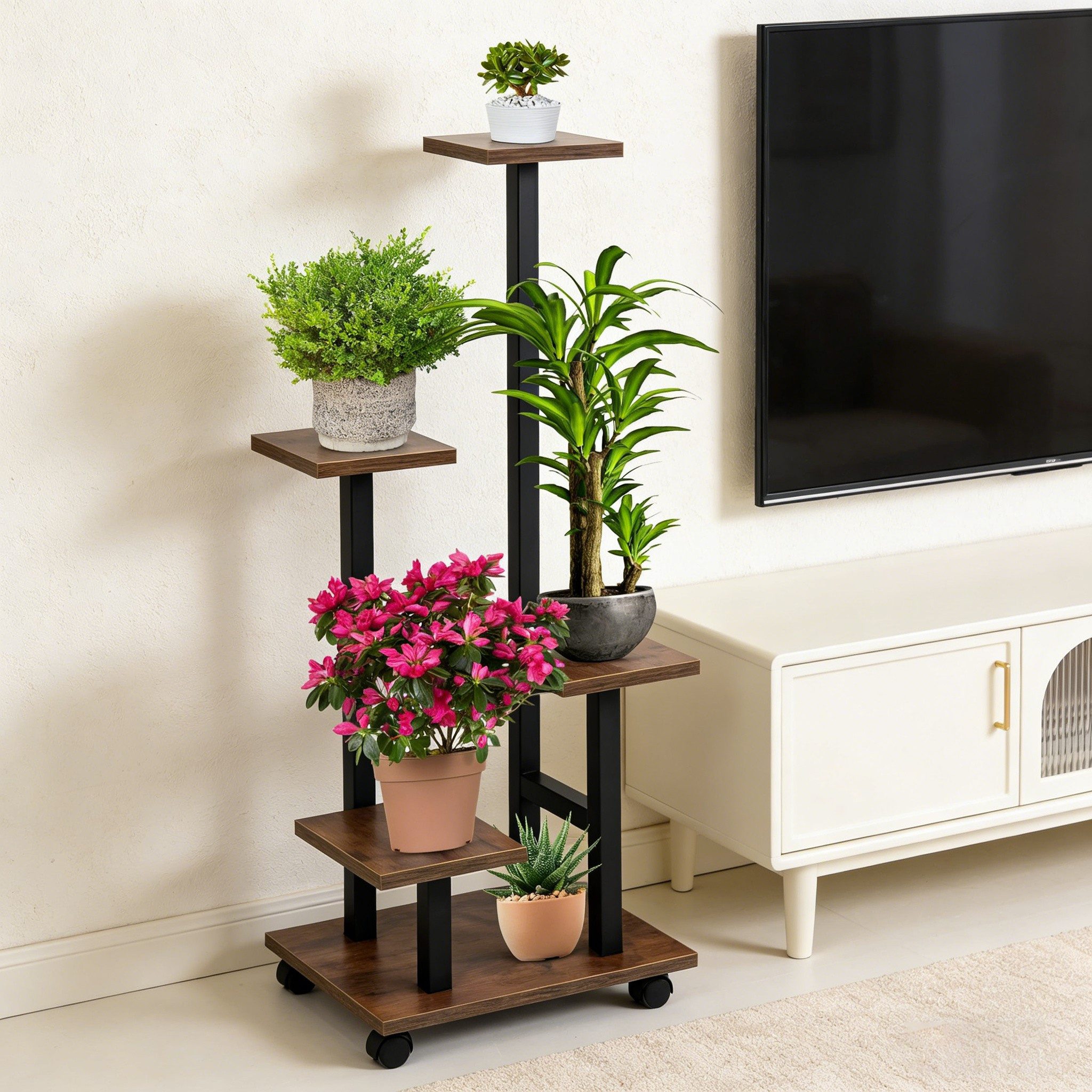 BlingBin Blumenständer Pflanzenständer mit Rollen 5 Ebenen – Blumenregal aus Holz und Metall (5-stöckiger, fahrbarer Blumenständer mit Rädern, 1 St., 1 × Pflanzenständer mit Rollen 85 × 34 × 23 cm), quadratisches Pflanzenregal,stabil & kippsicher, für Wohnzimmer,Balkon
