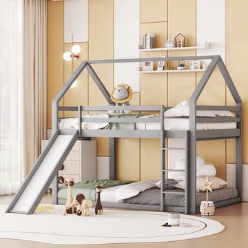 XDeer Kinderbett Doppelbett Hausbett Etagenbett mit Rutsche und Leiter, Kinderzimmer Hoch-Doppel-Stockbett, Grau, 140x200cm