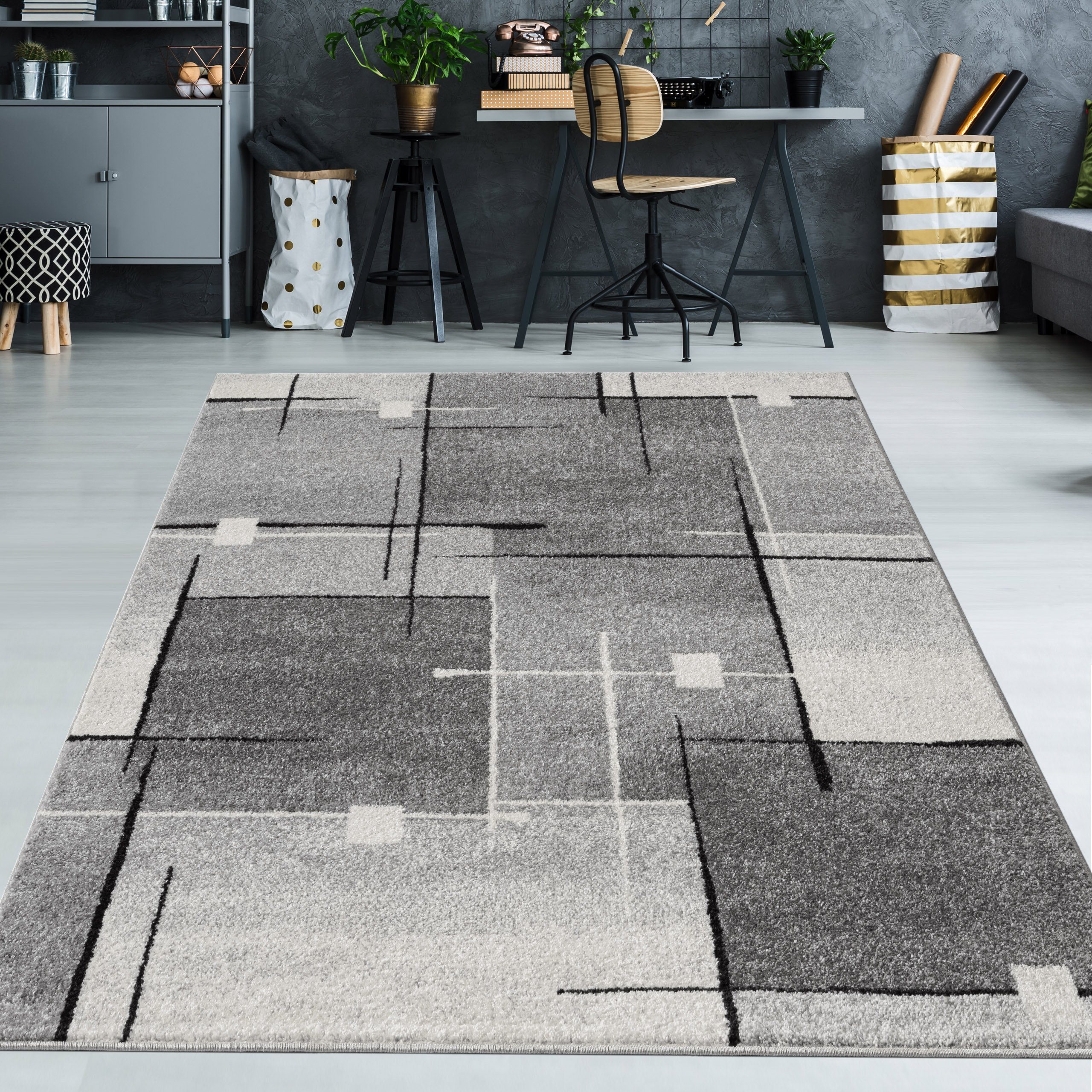 TeppichHome24 Teppich Moderner Teppich mit abstrakten Quadraten schwarz gra günstig online kaufen