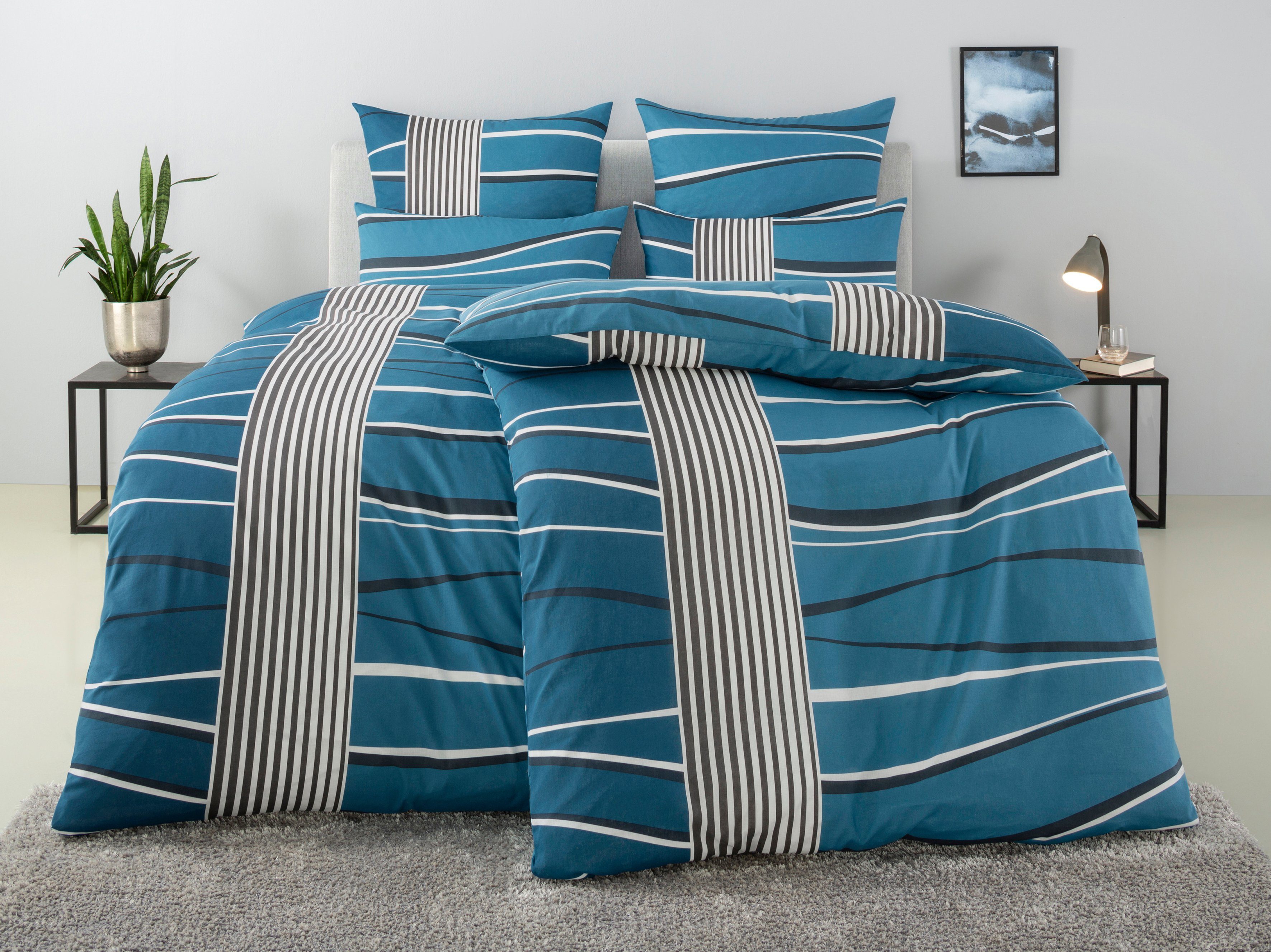 Bettwäsche Renu in Gr. 135x200 oder 155x220 cm, my home, Linon, 2 teilig, Bettwäsche aus Baumwolle, grafische Bettwäsche mit Wellen-Design blau