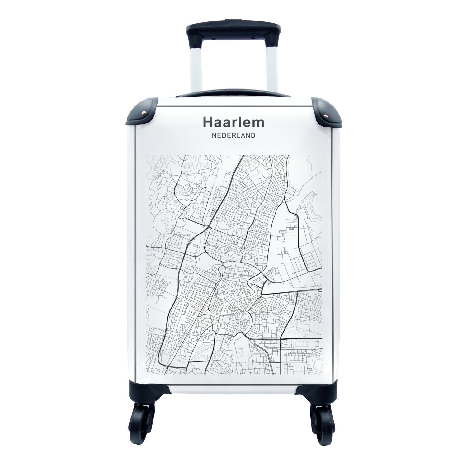 MuchoWow Handgepäckkoffer Stadtplan - Schwarz und Weiß - Haarlem, 4 Rollen, Reisetasche mit rollen, Handgepäck für Ferien, Trolley, Reisekoffer