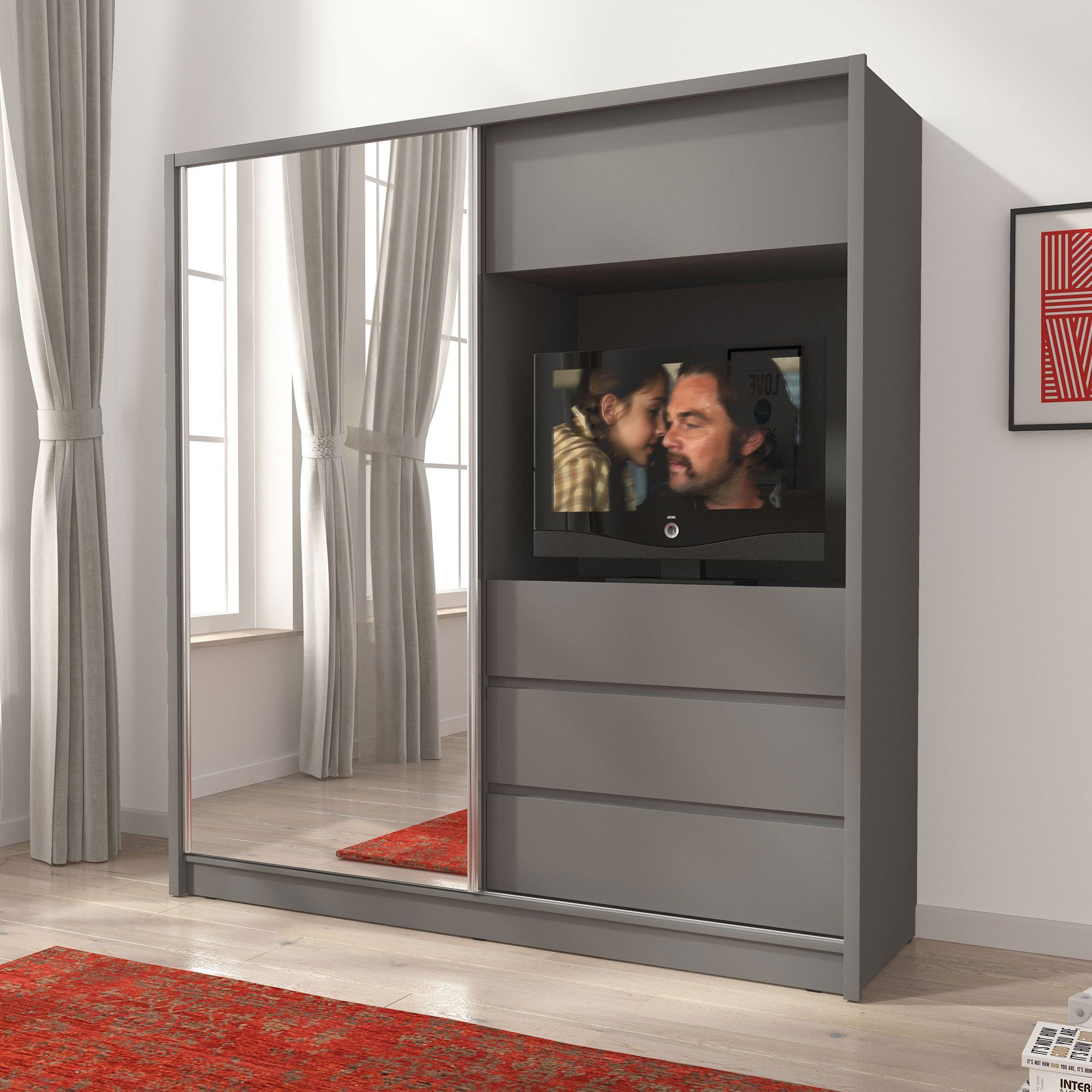 Luxusbetten24 Baidani Kleiderschrank Schrank Cosmo Vorrichtung mit Grau TV