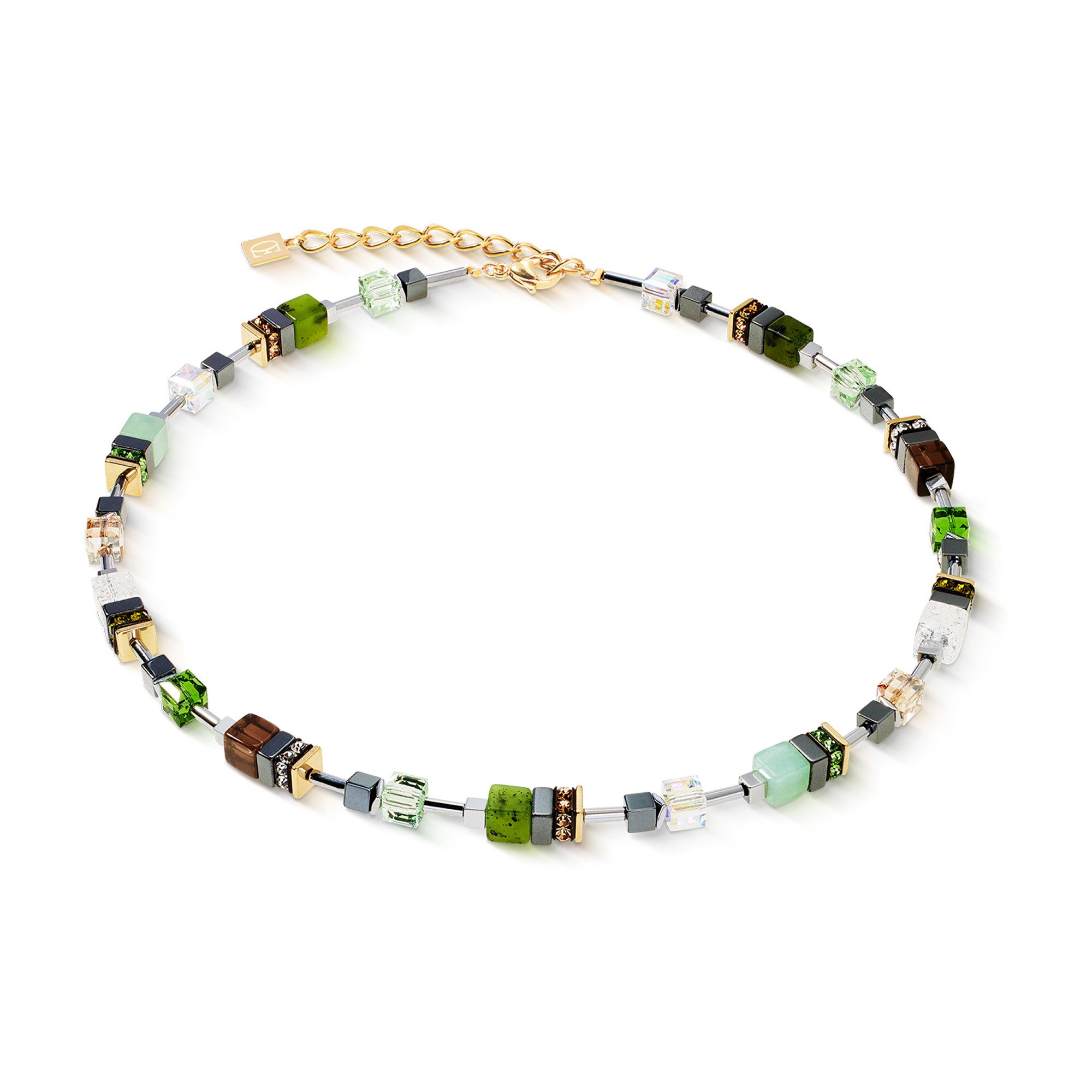 COEUR DE LION Collier GeoCUBE® Precious Motion Halskette Forest Light Würfelkette, Made in Germany - mit Schmuckstein, Swarovski® Kristall, Strassstein