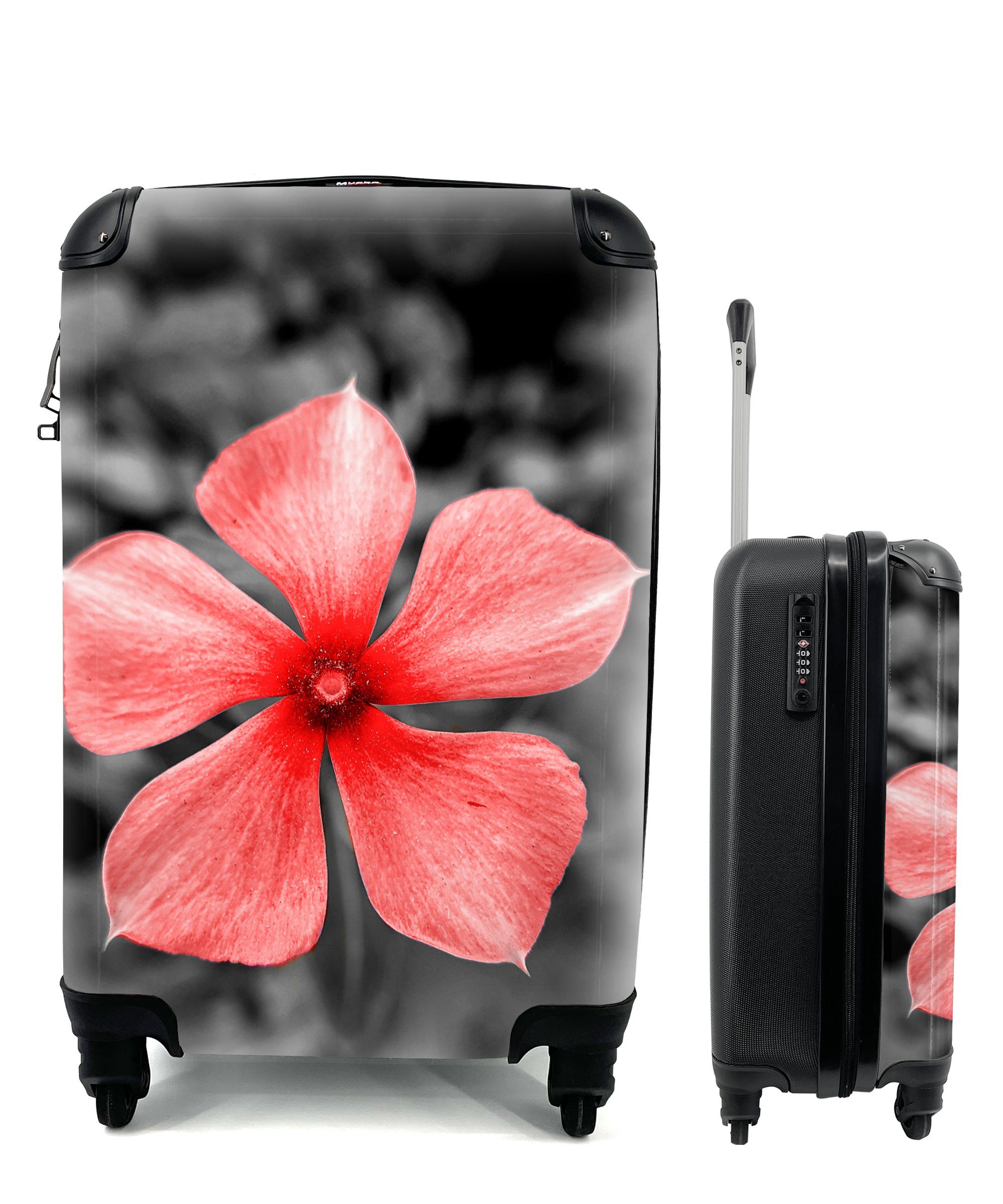 MuchoWow Handgepäckkoffer Blumen - Rot - Schwarz - Weiß, 4 Rollen, Reisetasche mit rollen, Handgepäck für Ferien, Trolley, Reisekoffer
