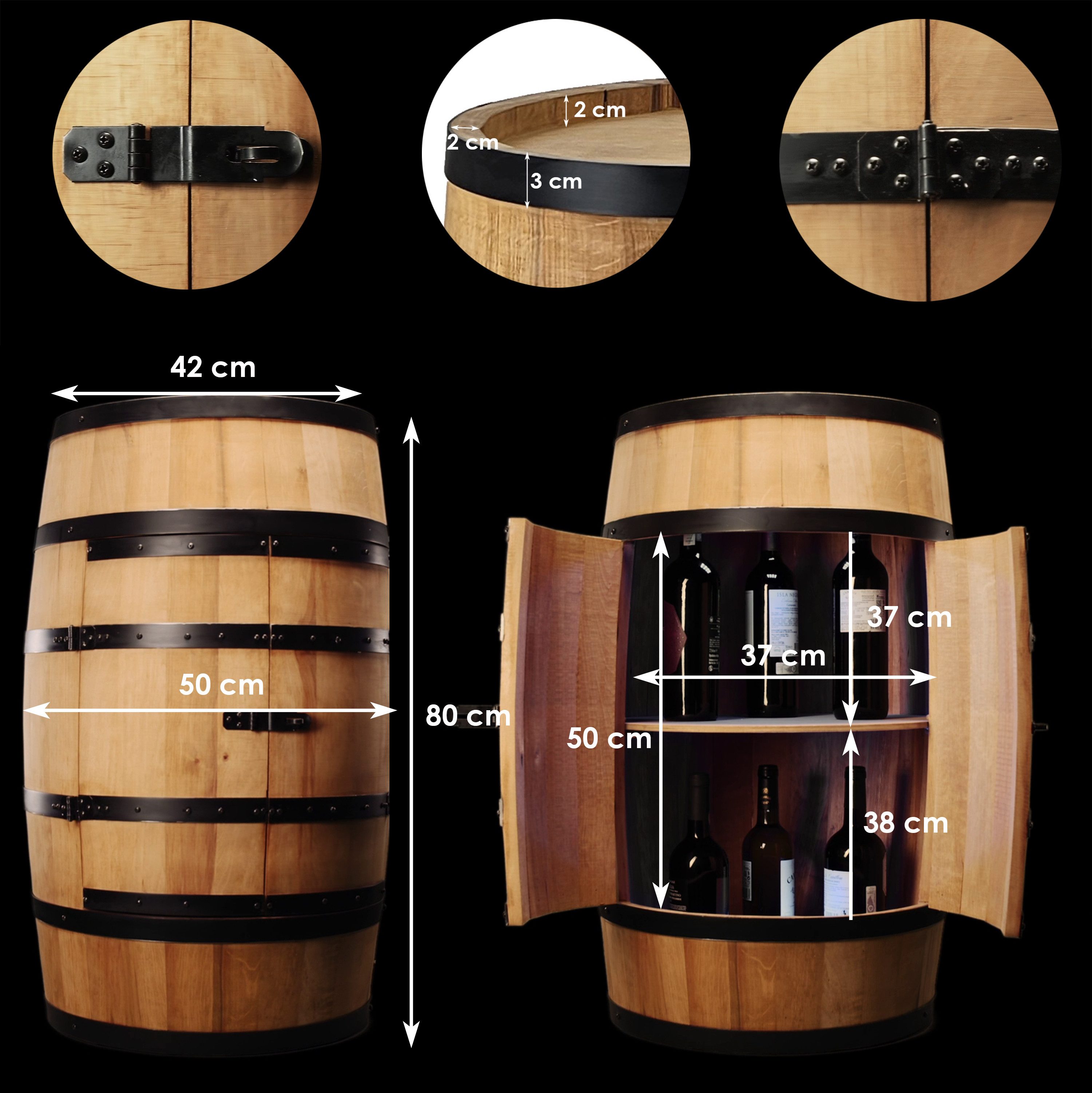 Allzweckkiste Holzfass mit Türen in heller Eichenoptik Hausbar mit LED Vintage 80 #1 (Set)