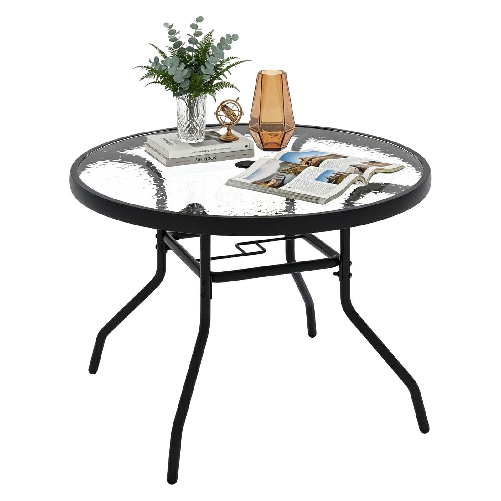 KOMFOTTEU Gartentisch, Couchtish Beistelltisch mit Schirmloch, gehärteter Glasplatte