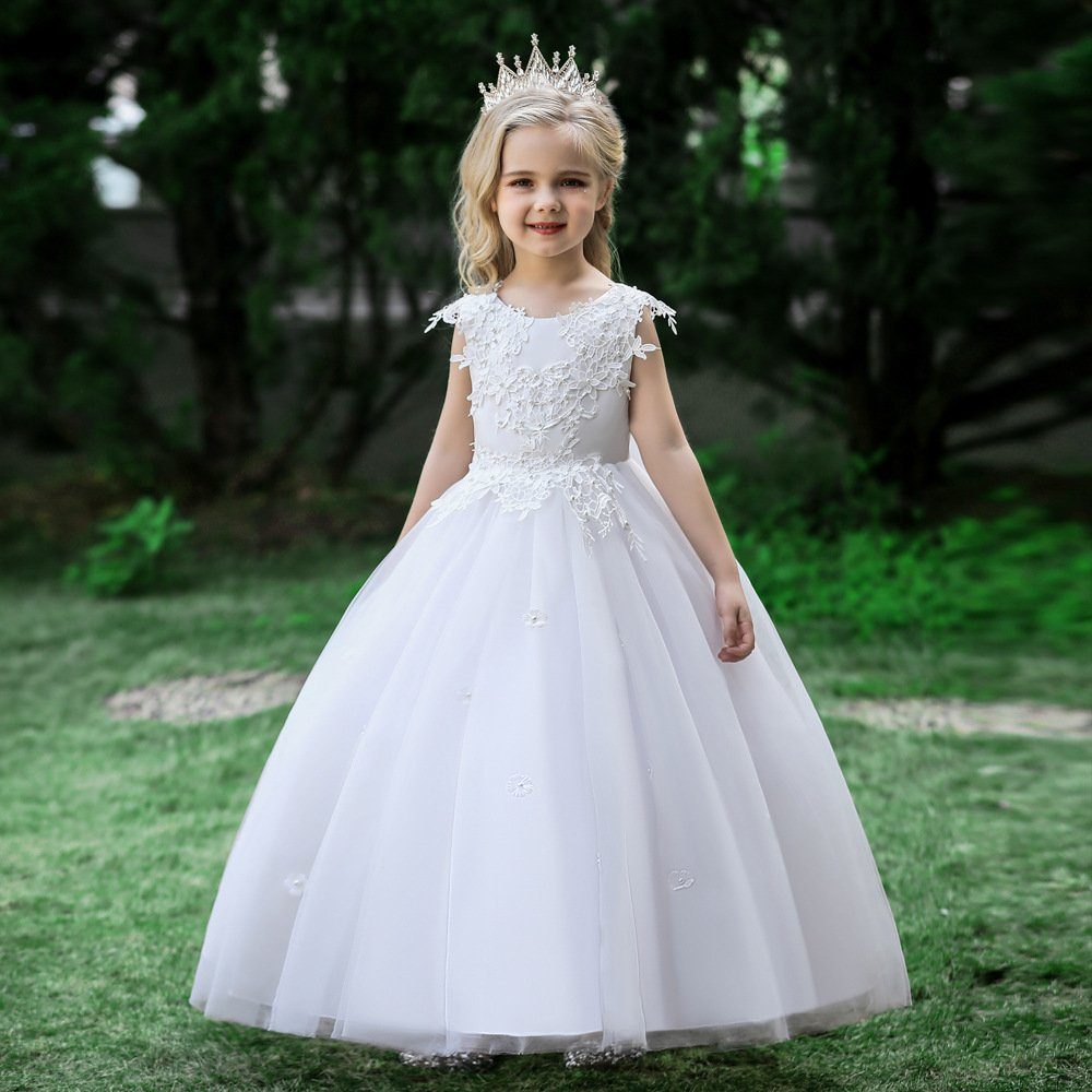 LAPA Abendkleid Blumenbesticktes Tüllkleid für Mädchen, Ballkleid Weiß