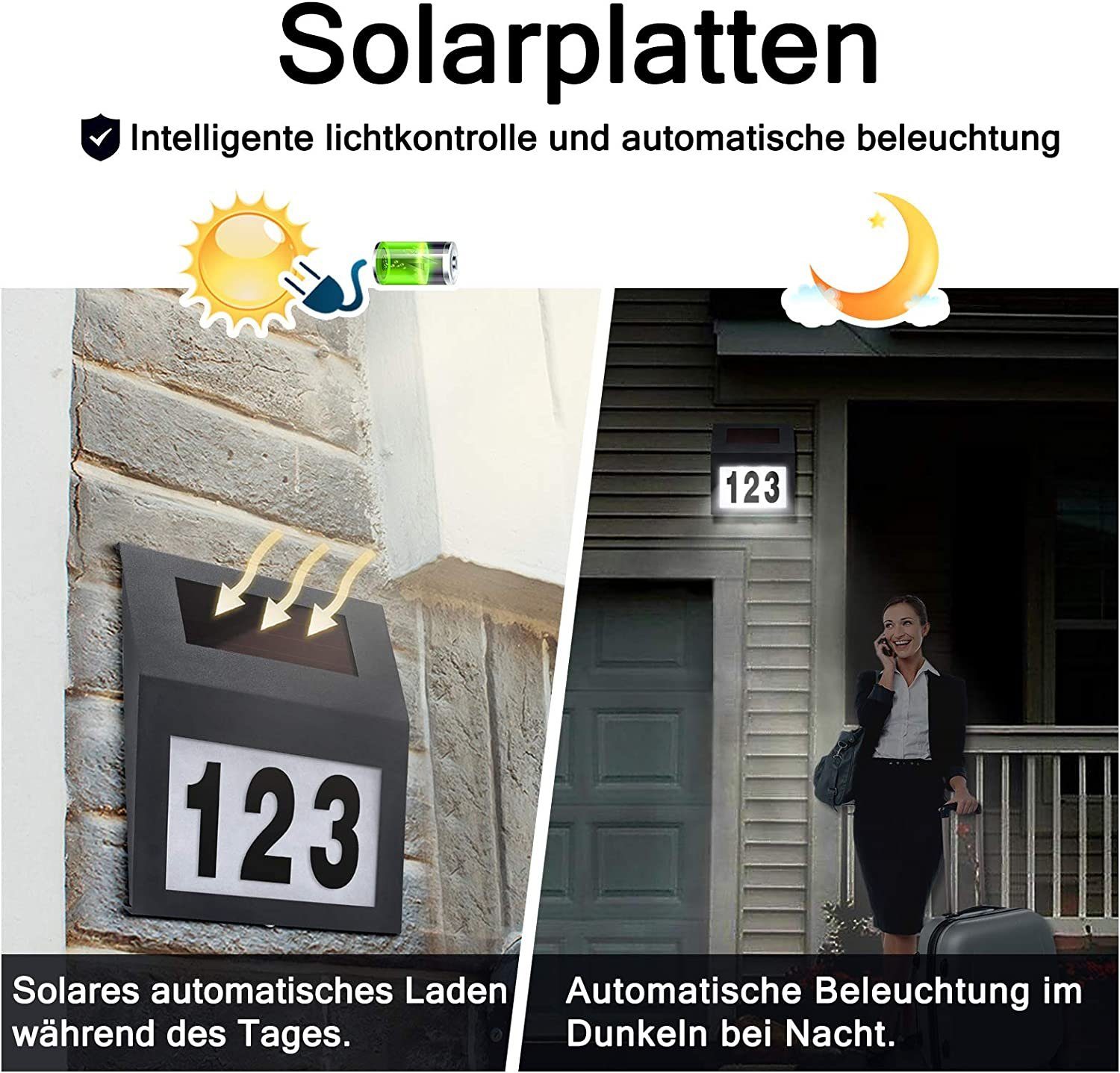 UISEBRT Hausnummer Dämmerungsschalter Anthrazit Edelstahl, mit Solar Hausnummer LED