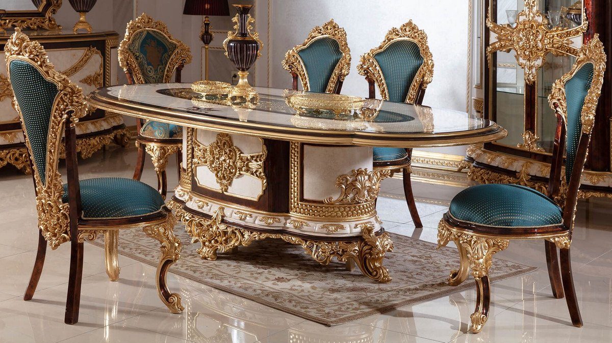 Casa Padrino Esszimmer-Set Luxus Barock - Esszimmer Weiß / Esszimmer / - Set Blau Braun Edel Esszimmerstühle / & Prunkvoll Barock Barock 6 & Esstisch 1 Möbel Gold - Barock