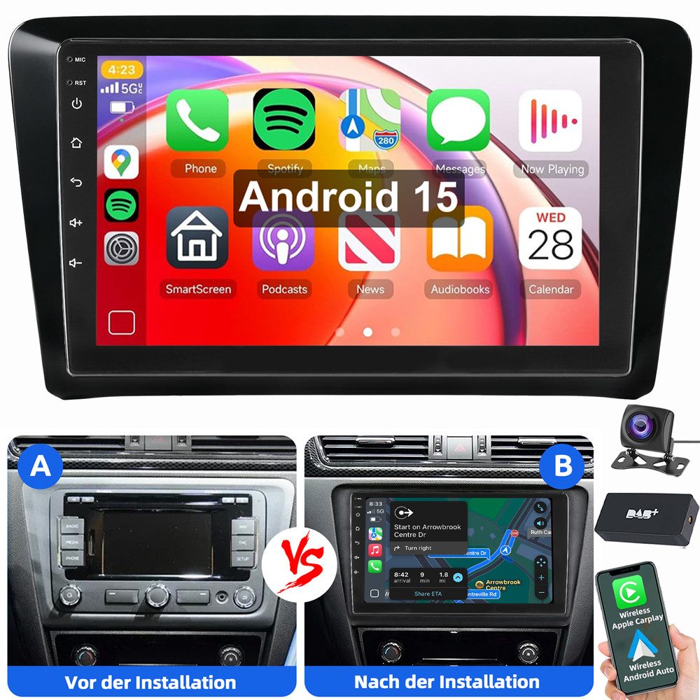 ESSGOO Für Skoda Rapid Spaceback Android 15 Carplay GPS Navi WIFI Autoradio (RDS, Digitalradio (DAB), FM, AM, Carplay Android Auto SWC WIFI BT)