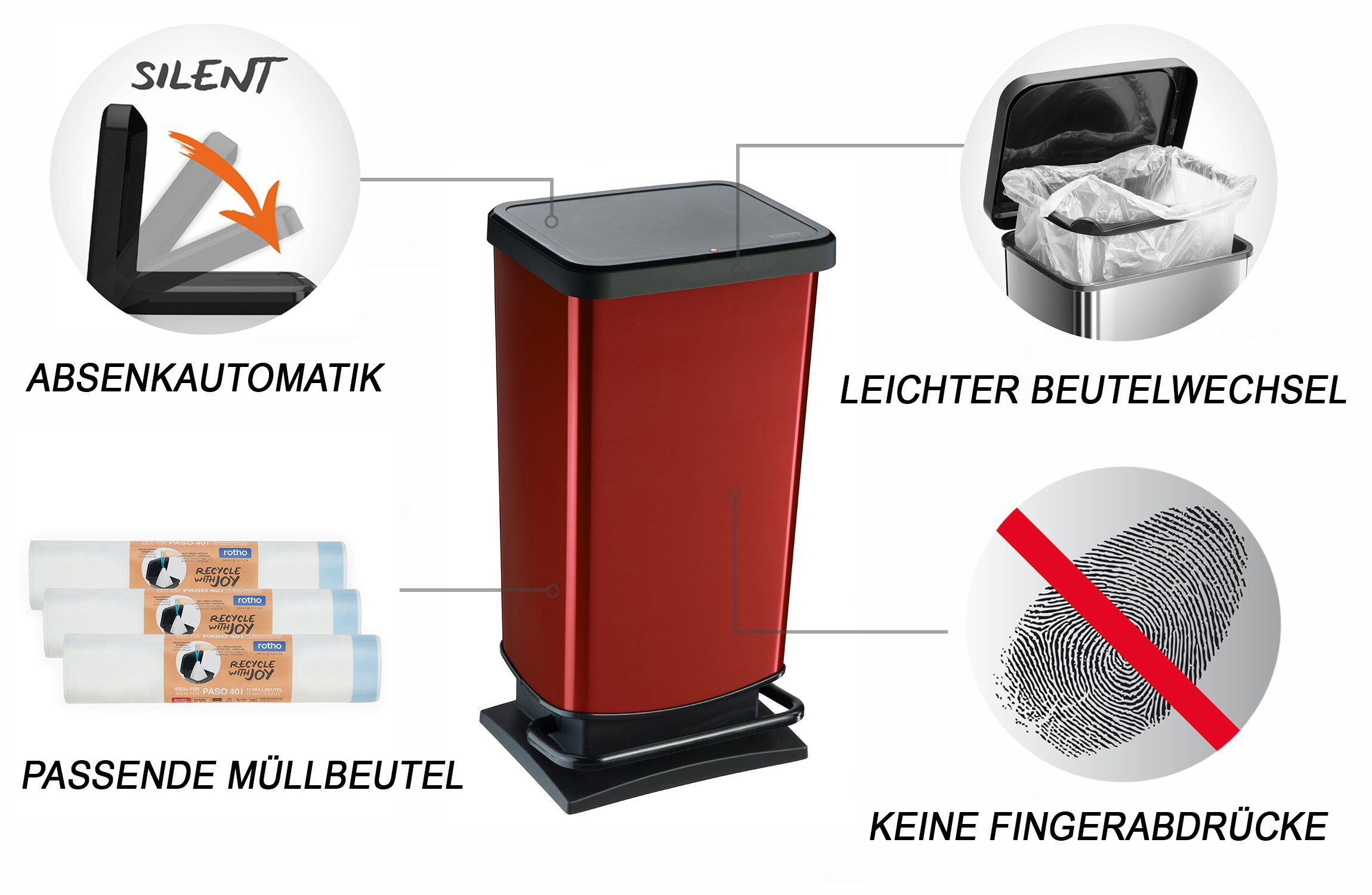 ROTHO Mülleimer Paso Mülleimer 40l mit Pedal und Deckel, hergestellt in der Schweiz